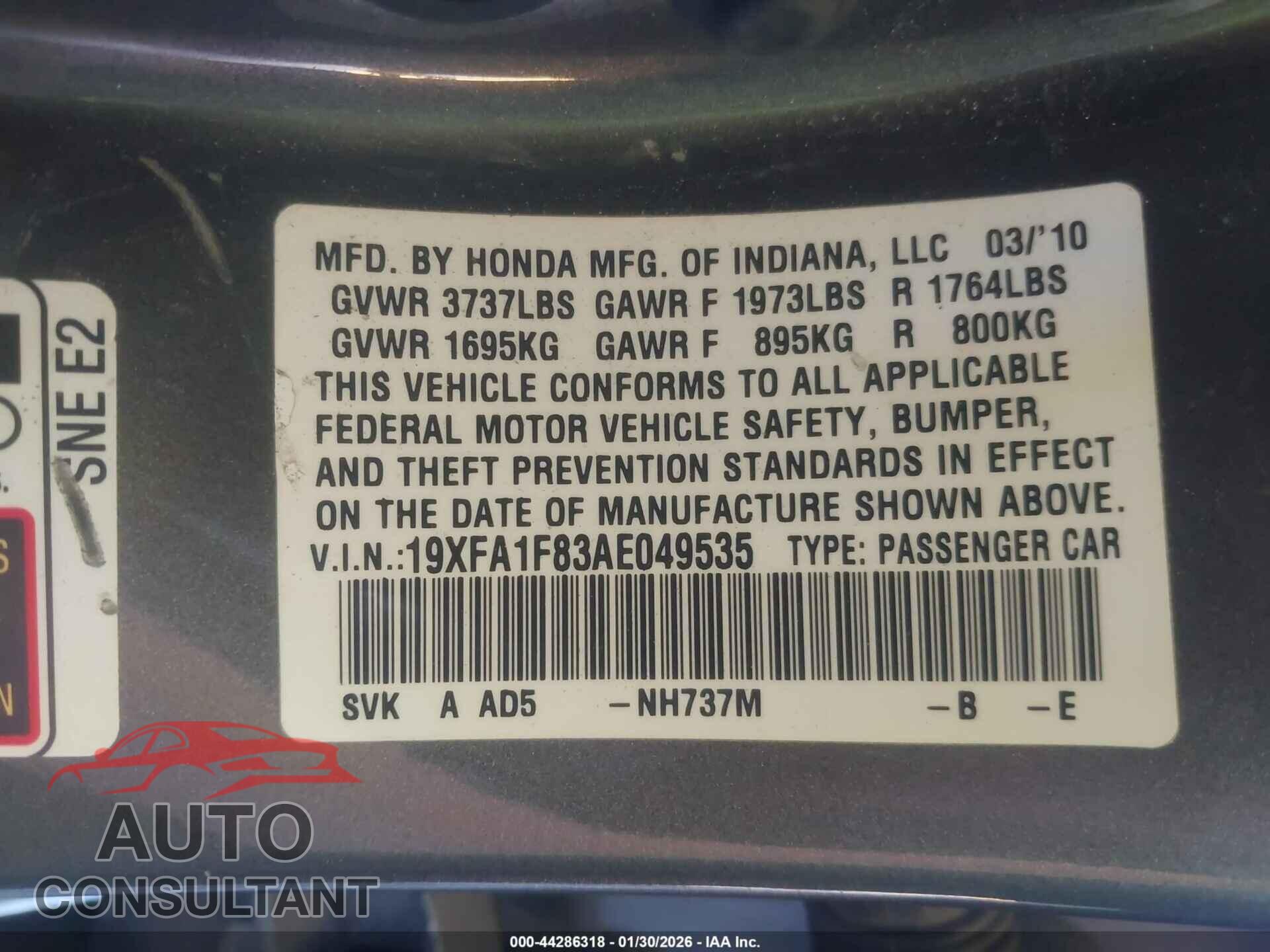 HONDA CIVIC 2010 - 19XFA1F83AE049535