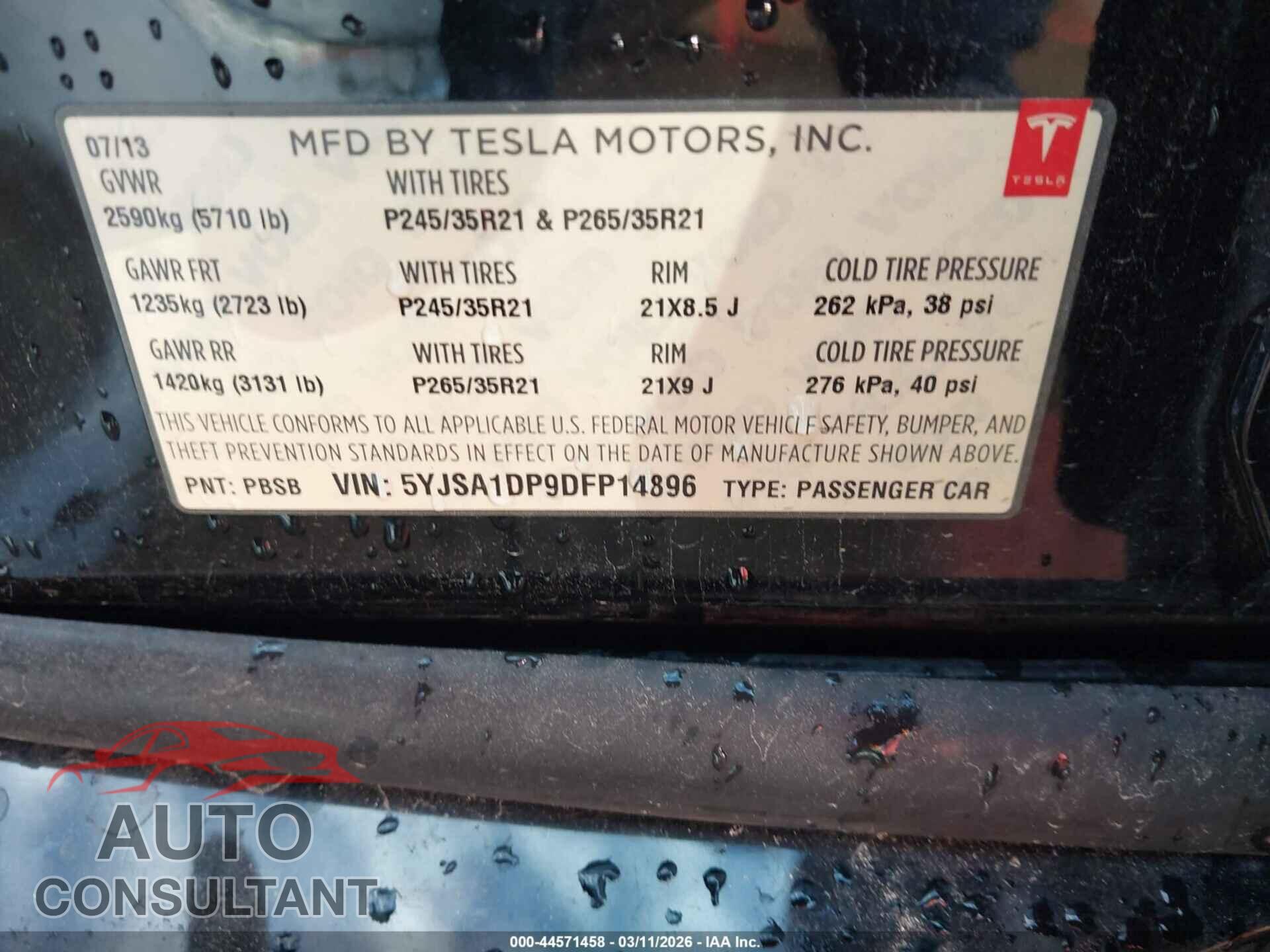 TESLA MODEL S 2013 - 5YJSA1DP9DFP14896