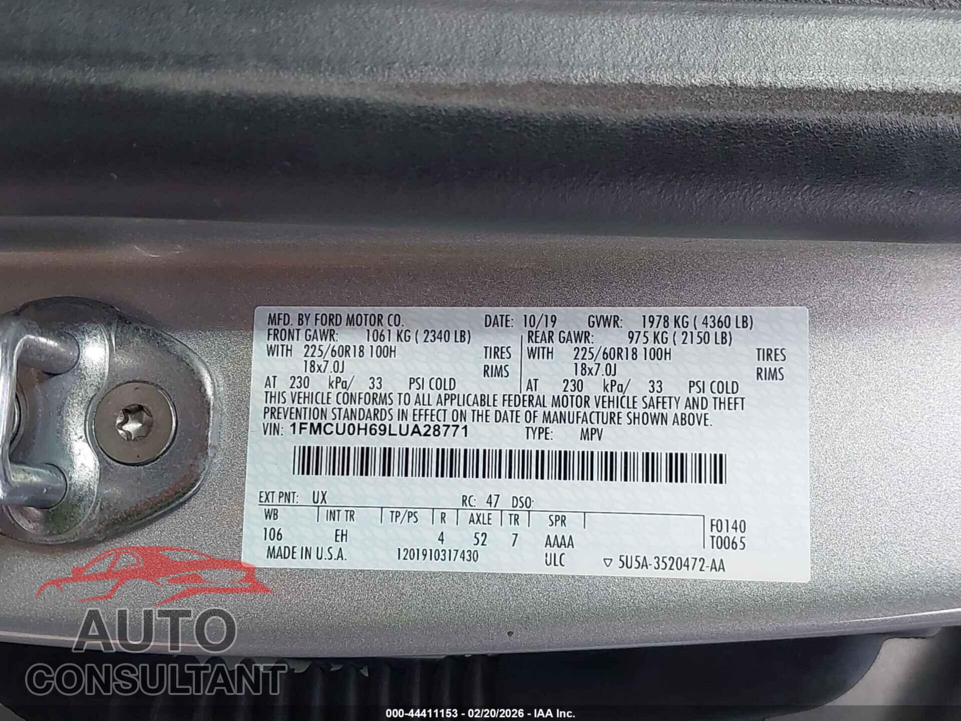 FORD ESCAPE 2020 - 1FMCU0H69LUA28771