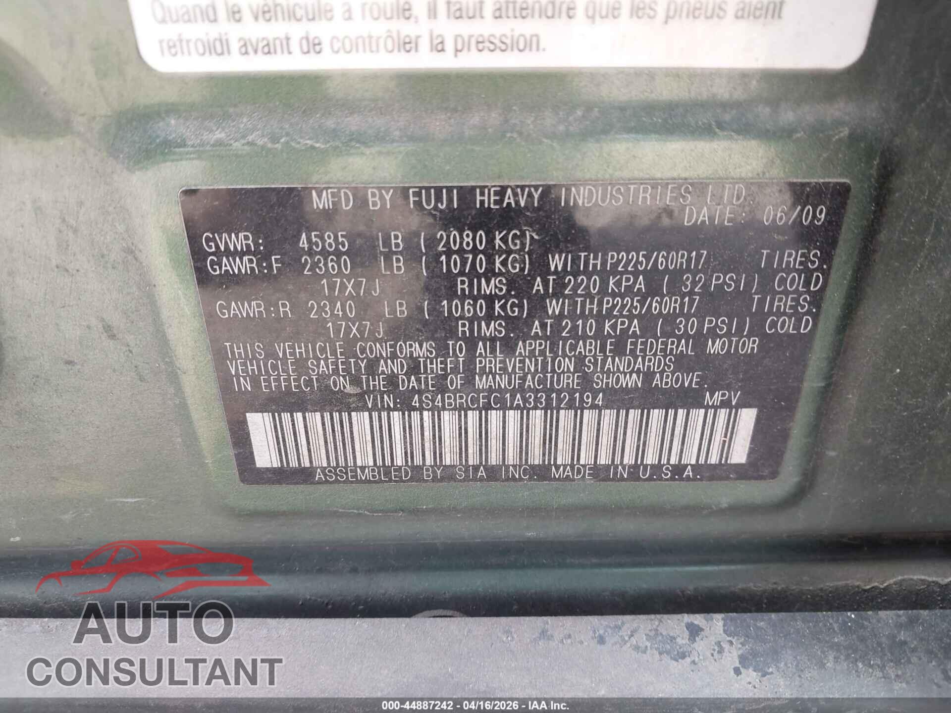 SUBARU OUTBACK 2010 - 4S4BRCFC1A3312194