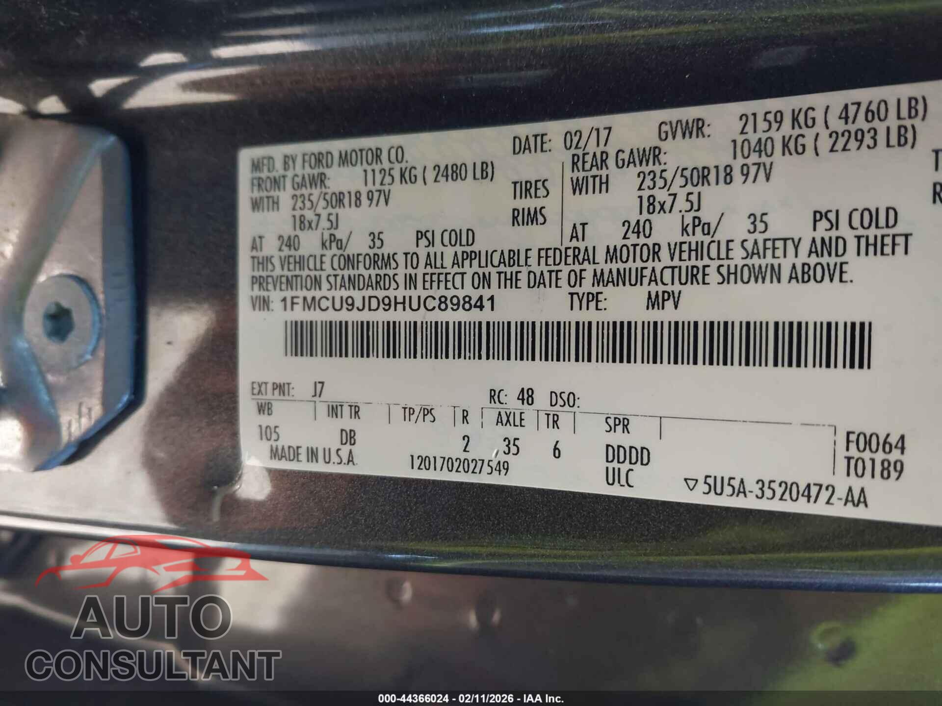 FORD ESCAPE 2017 - 1FMCU9JD9HUC89841