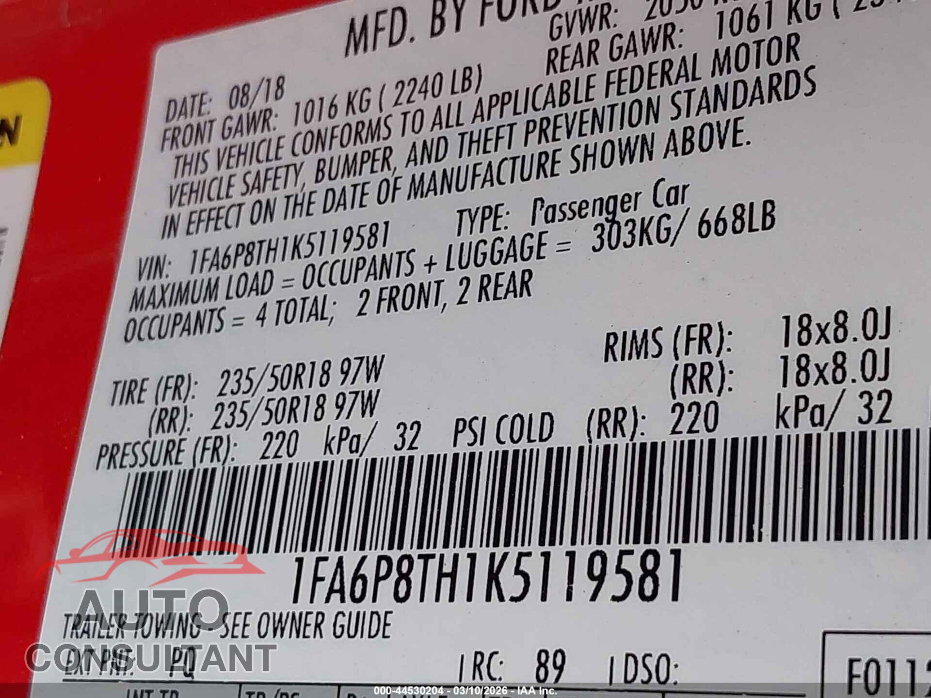 FORD MUSTANG 2019 - 1FA6P8TH1K5119581