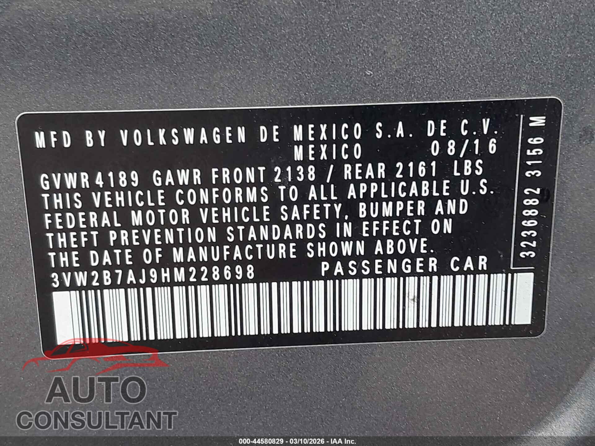 VOLKSWAGEN JETTA 2017 - 3VW2B7AJ9HM228698