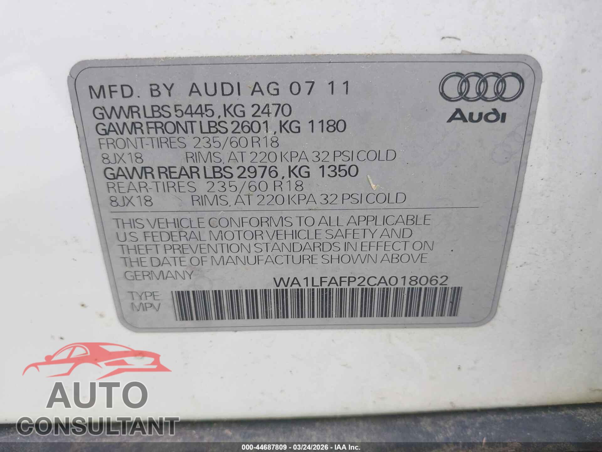 AUDI Q5 2012 - WA1LFAFP2CA018062