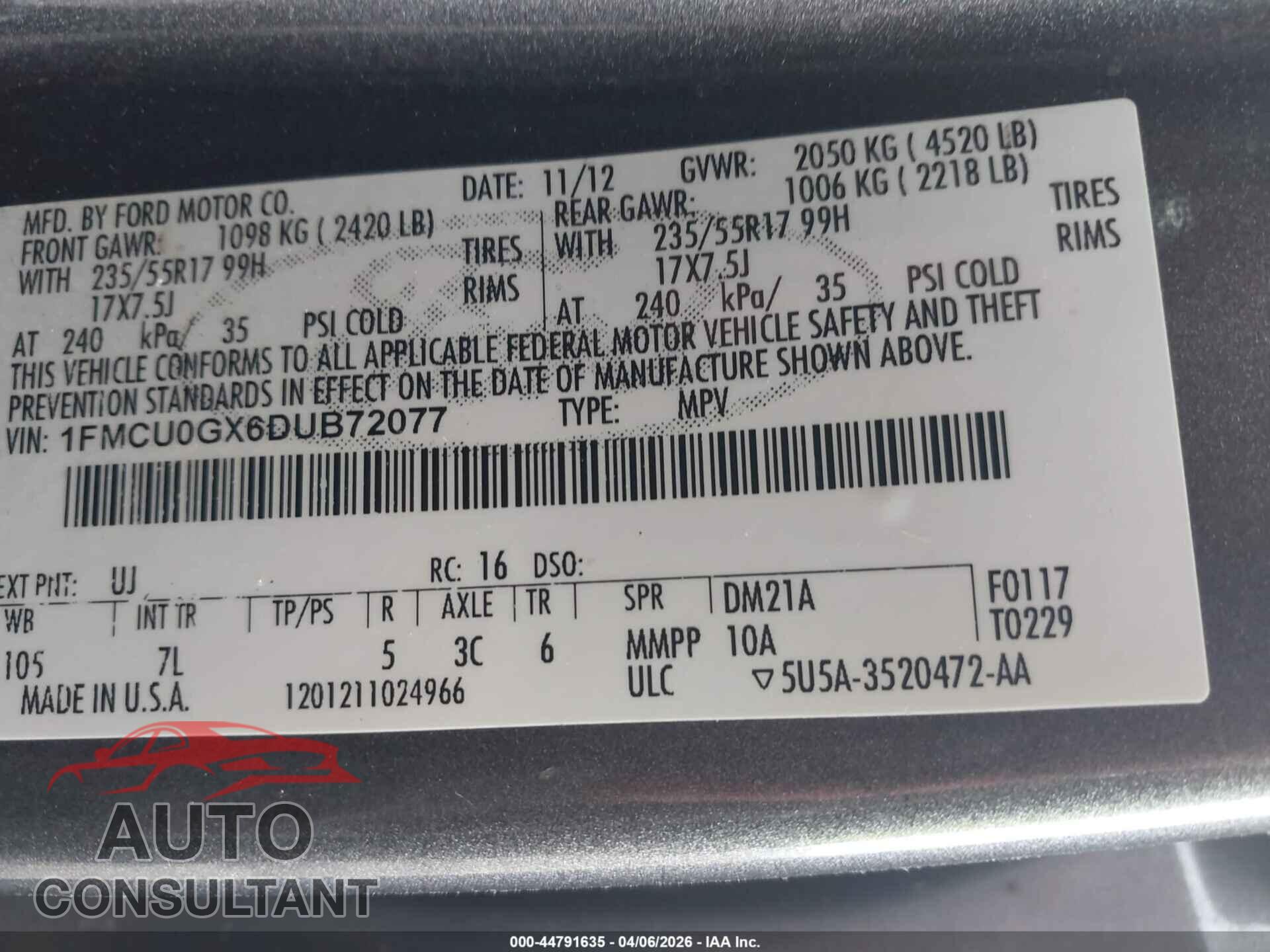 FORD ESCAPE 2013 - 1FMCU0GX6DUB72077
