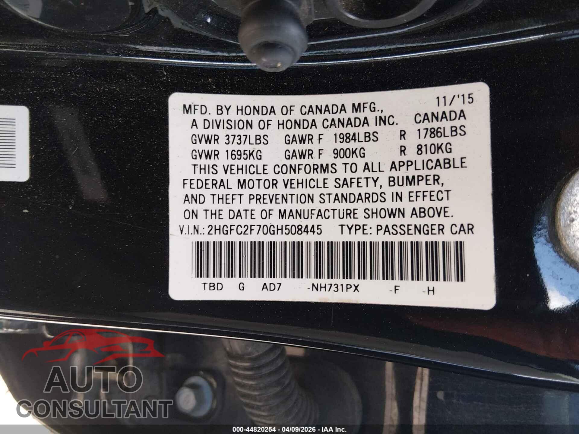 HONDA CIVIC 2016 - 2HGFC2F70GH508445