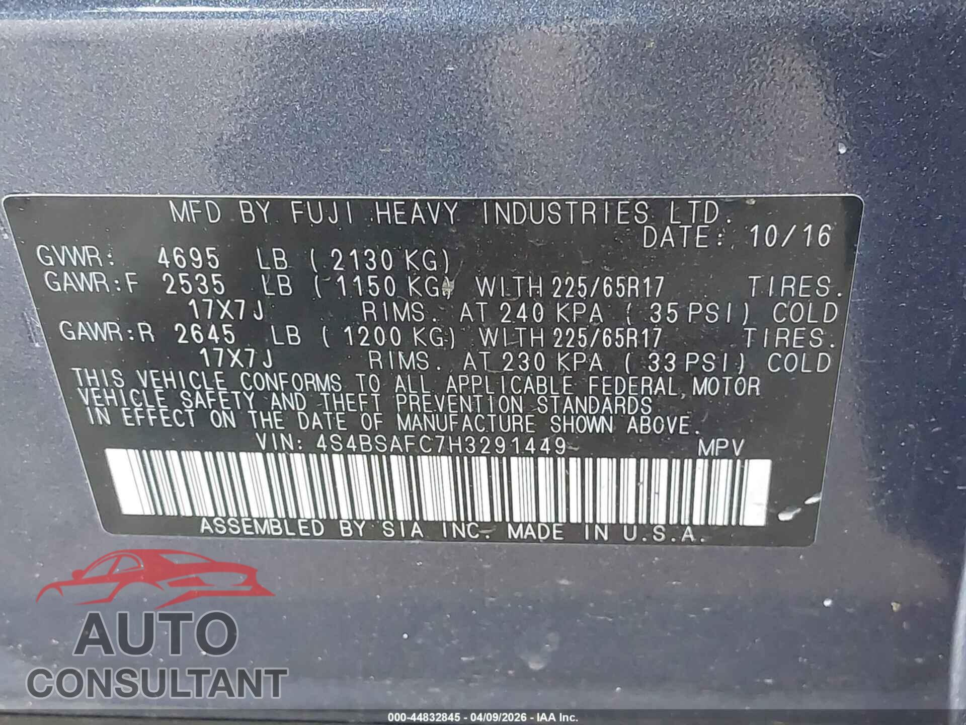SUBARU OUTBACK 2017 - 4S4BSAFC7H3291449