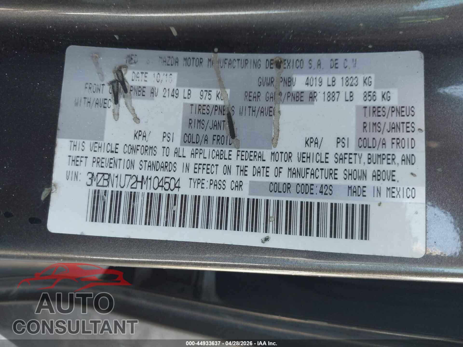 MAZDA MAZDA3 2017 - 3MZBN1U72HM104504