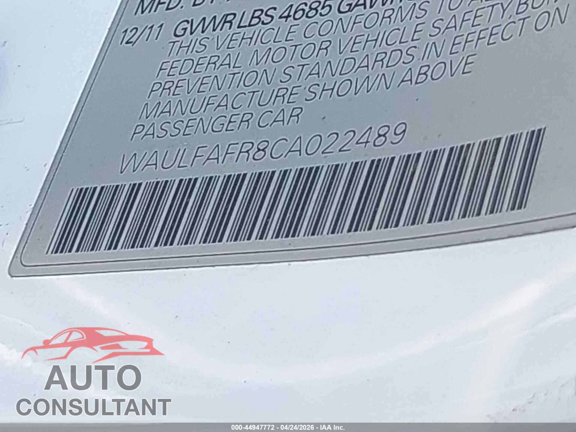AUDI A5 2012 - WAULFAFR8CA022489
