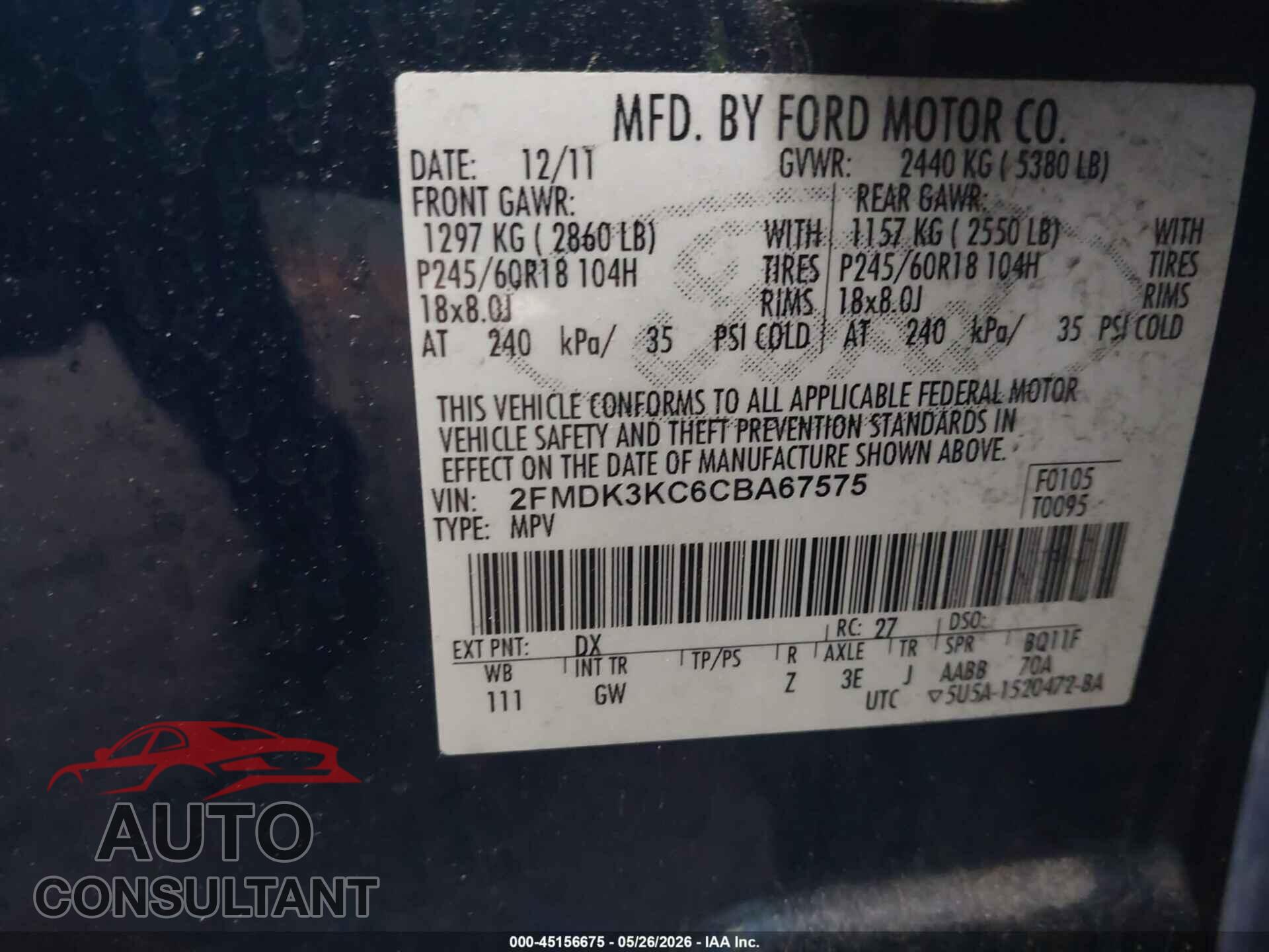 FORD EDGE 2012 - 2FMDK3KC6CBA67575