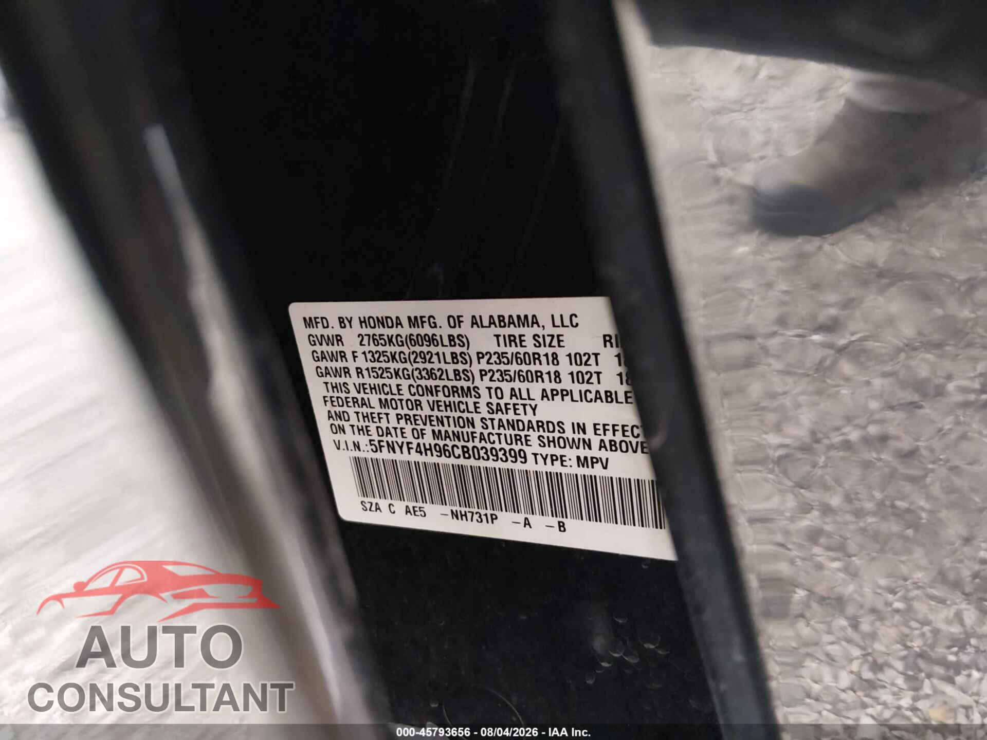 HONDA PILOT 2012 - 5FNYF4H96CB039399