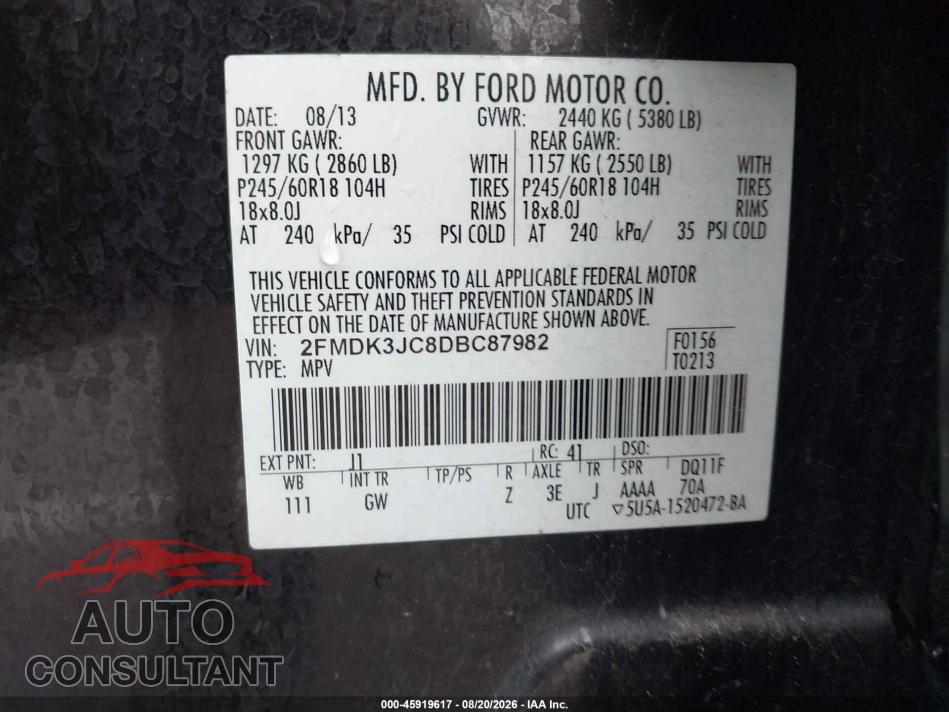 FORD EDGE 2013 - 2FMDK3JC8DBC87982
