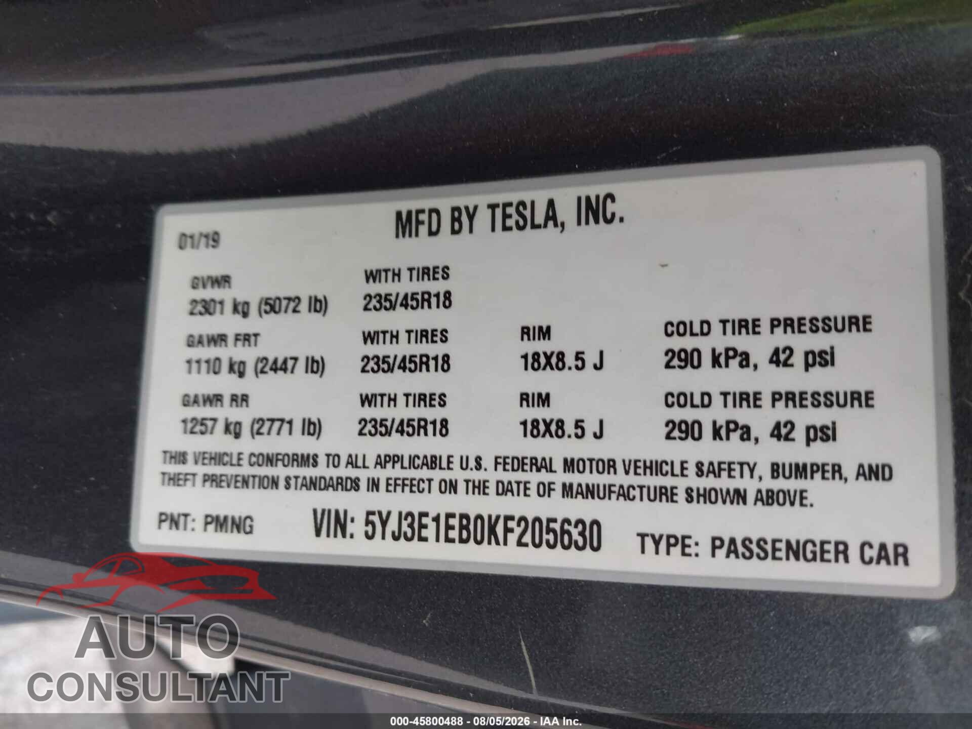 TESLA MODEL 3 2019 - 5YJ3E1EB0KF205630