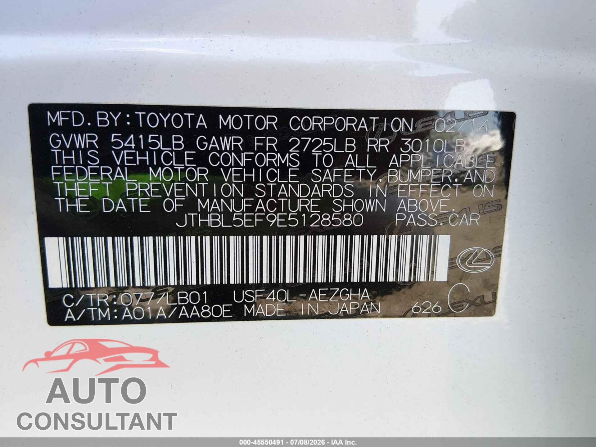 LEXUS LS 460 2014 - JTHBL5EF9E5128580