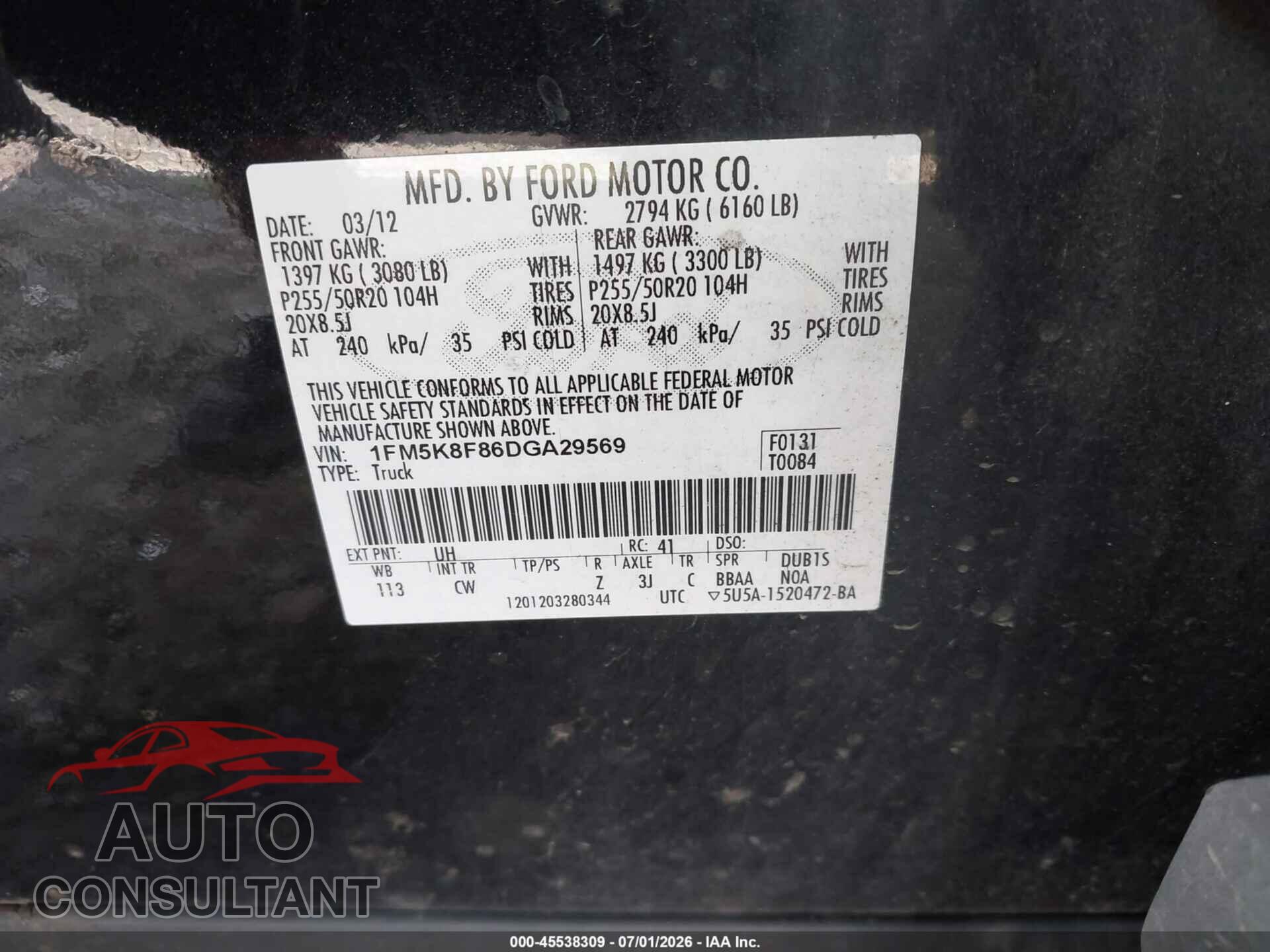 FORD EXPLORER 2013 - 1FM5K8F86DGA29569