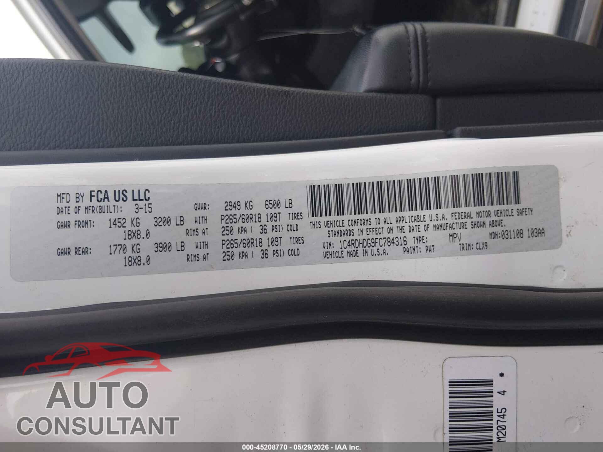 DODGE DURANGO 2015 - 1C4RDHDG9FC784316
