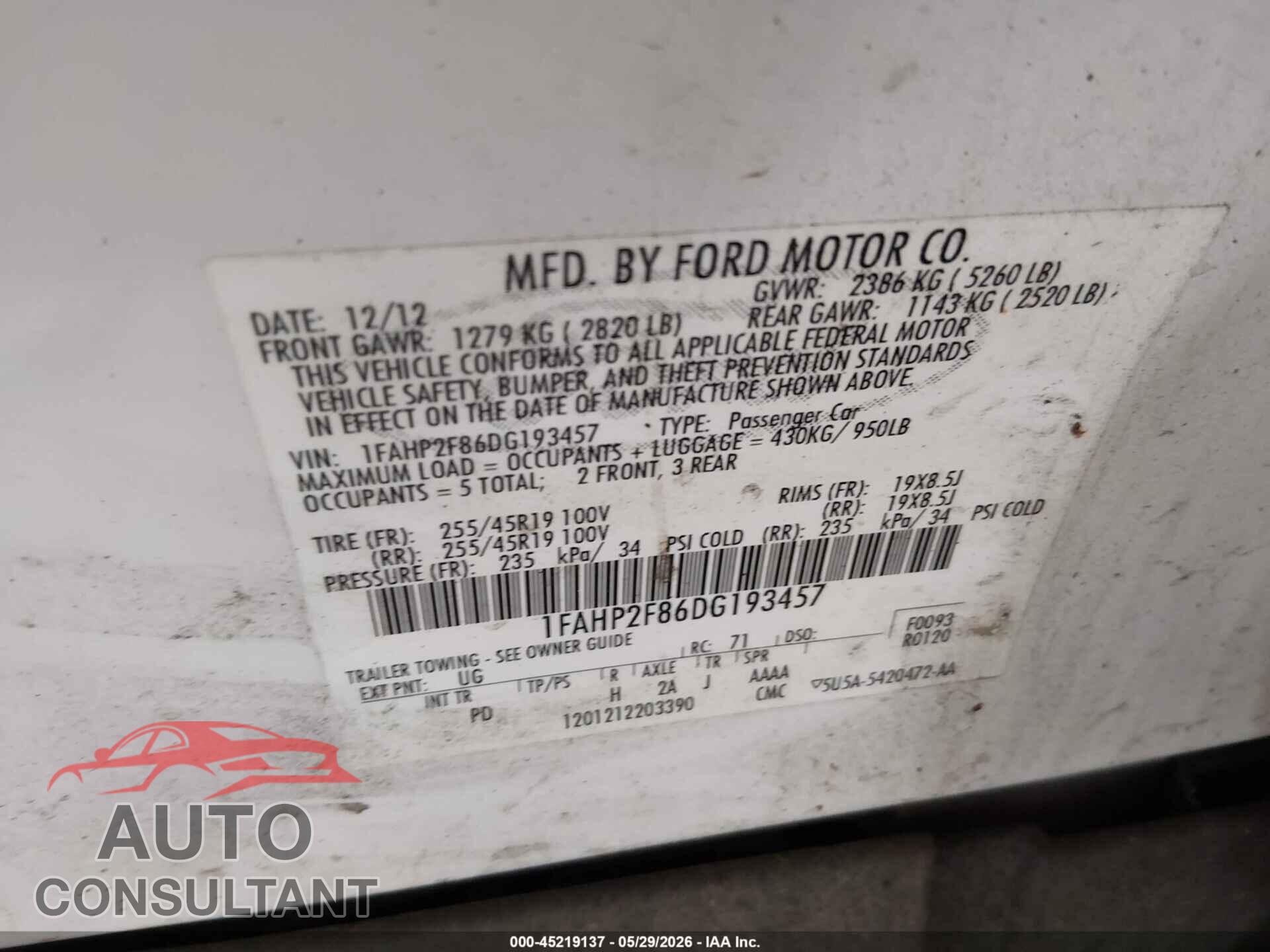 FORD TAURUS 2013 - 1FAHP2F86DG193457