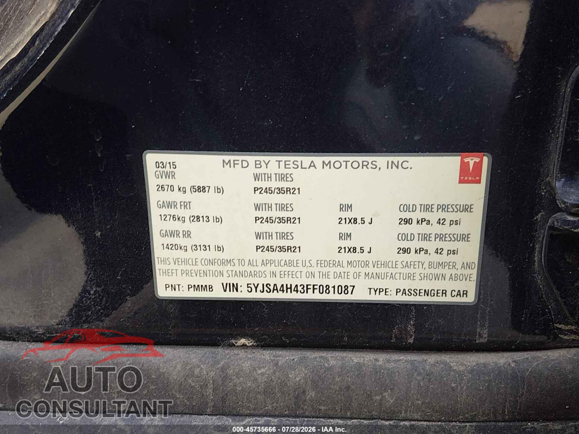 TESLA MODEL S 2015 - 5YJSA4H43FF081087