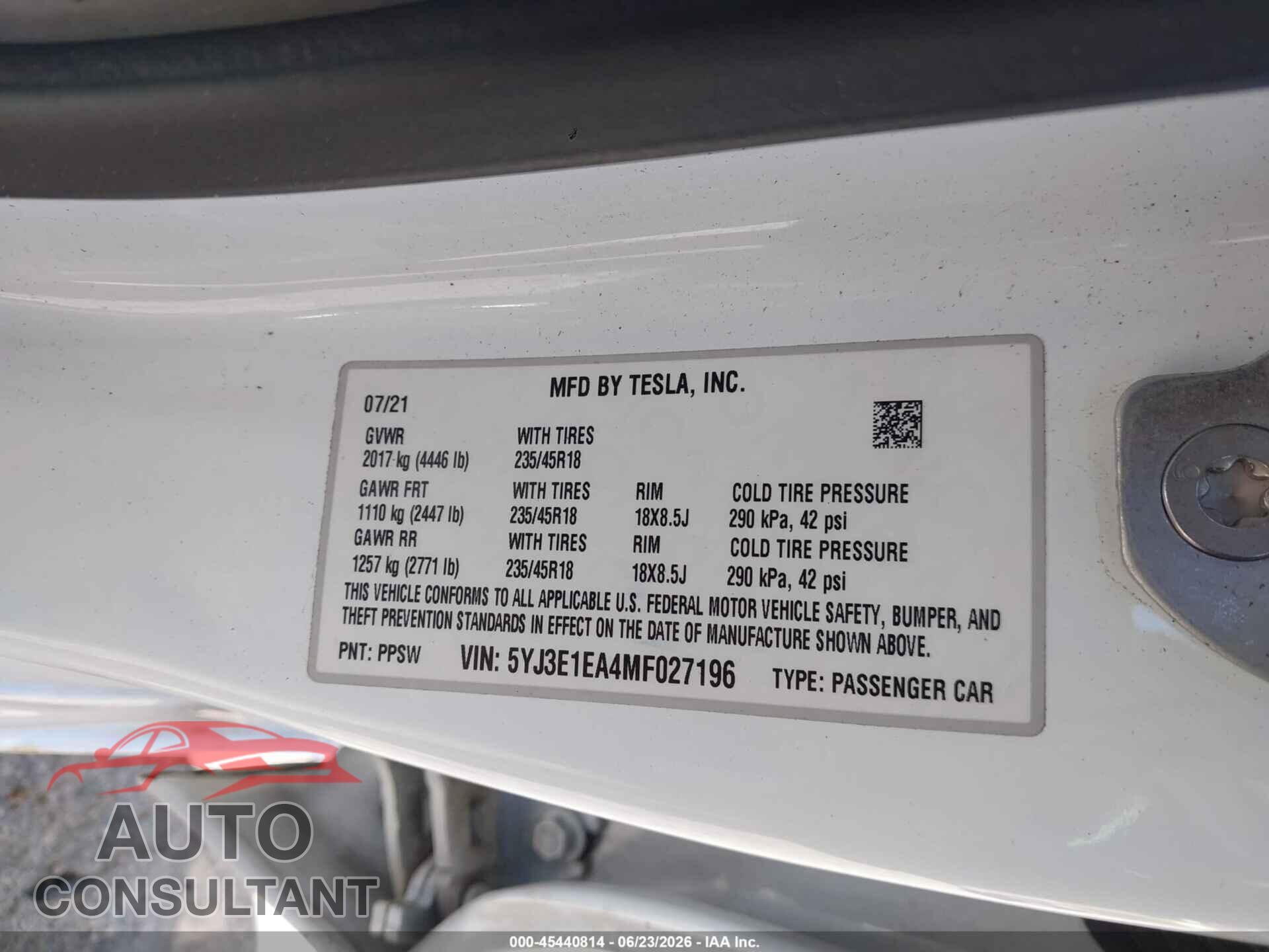 TESLA MODEL 3 2021 - 5YJ3E1EA4MF027196