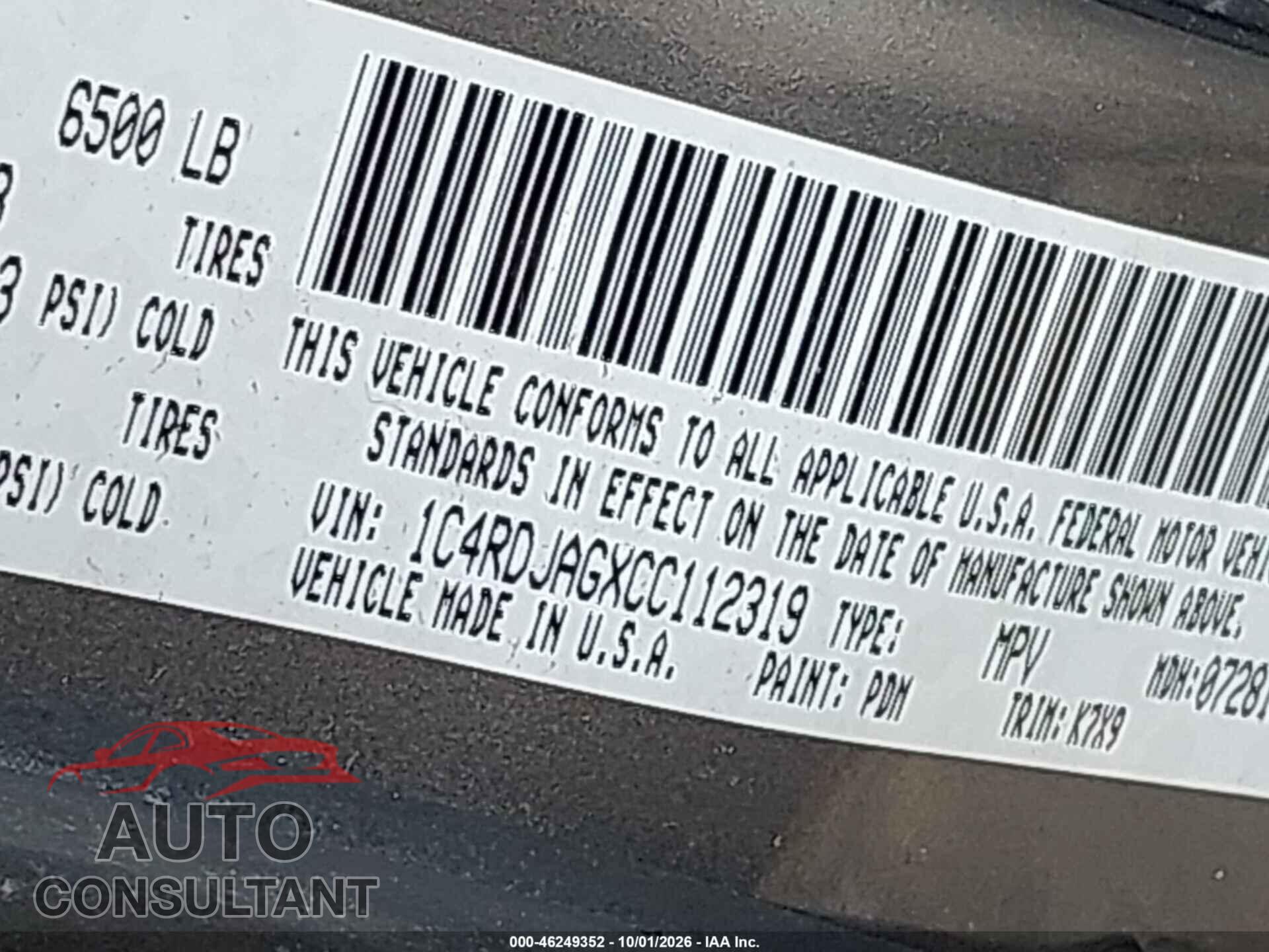 DODGE DURANGO 2012 - 1C4RDJAGXCC112319