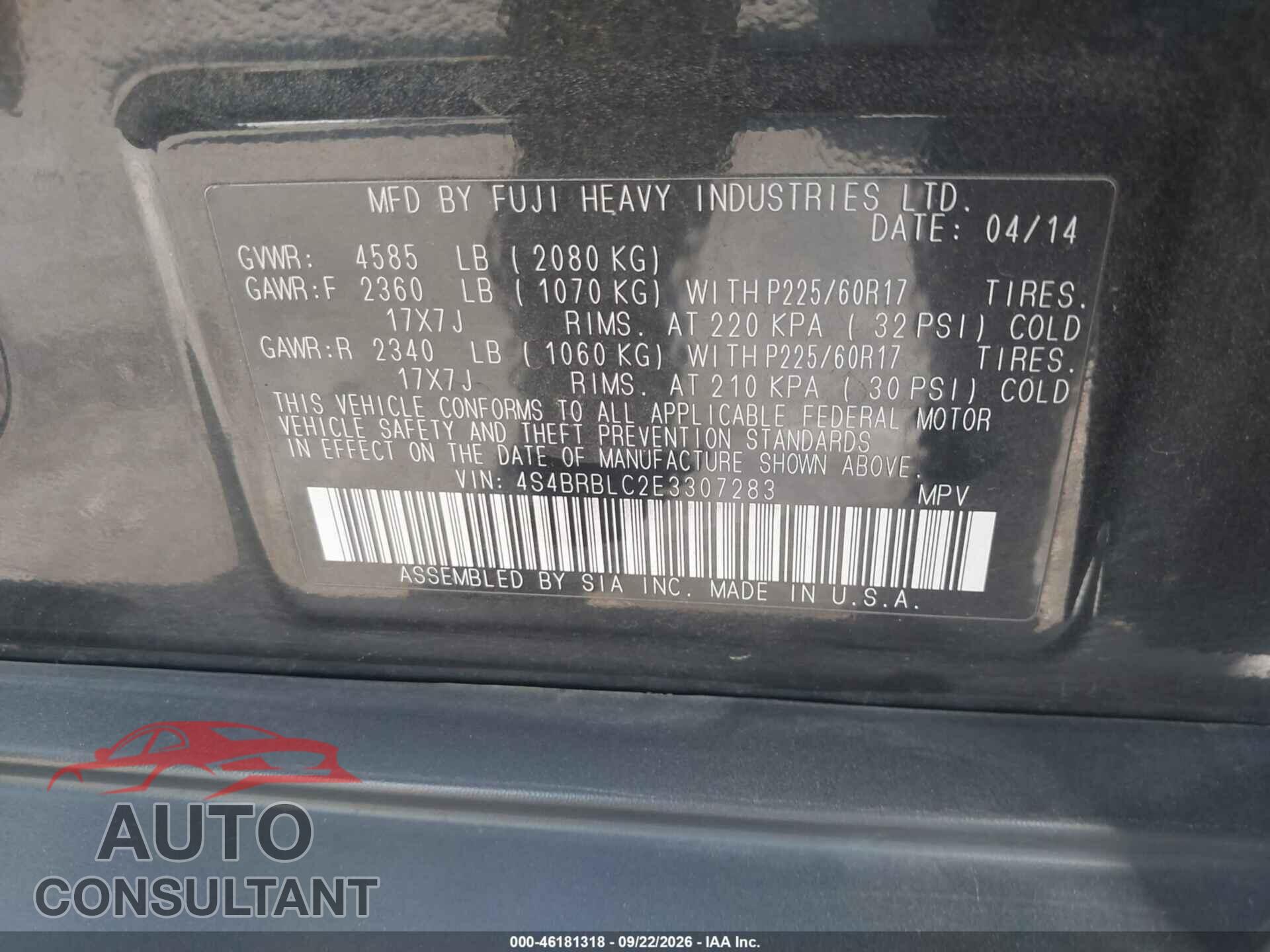 SUBARU OUTBACK 2014 - 4S4BRBLC2E3307283