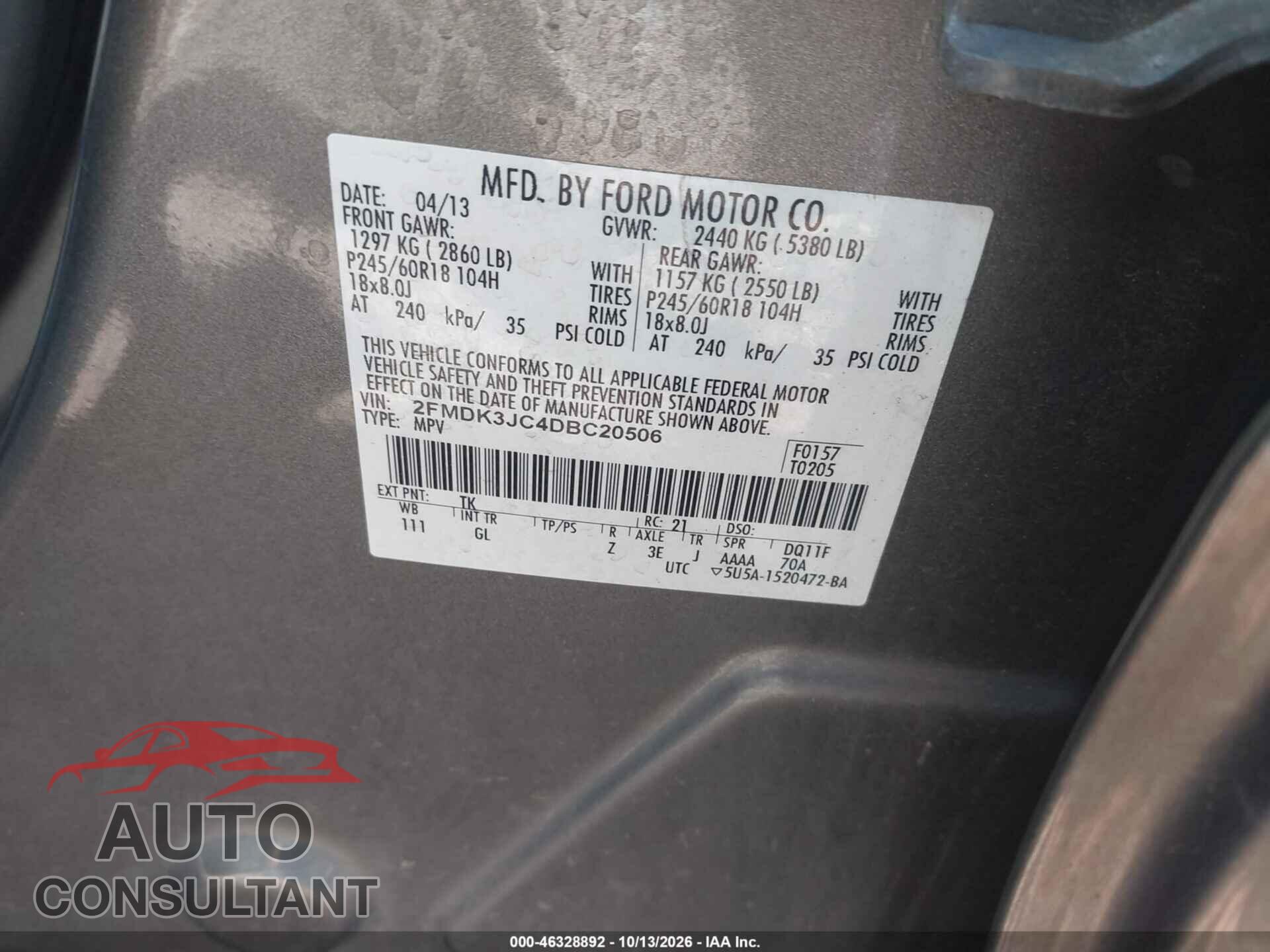 FORD EDGE 2013 - 2FMDK3JC4DBC20506