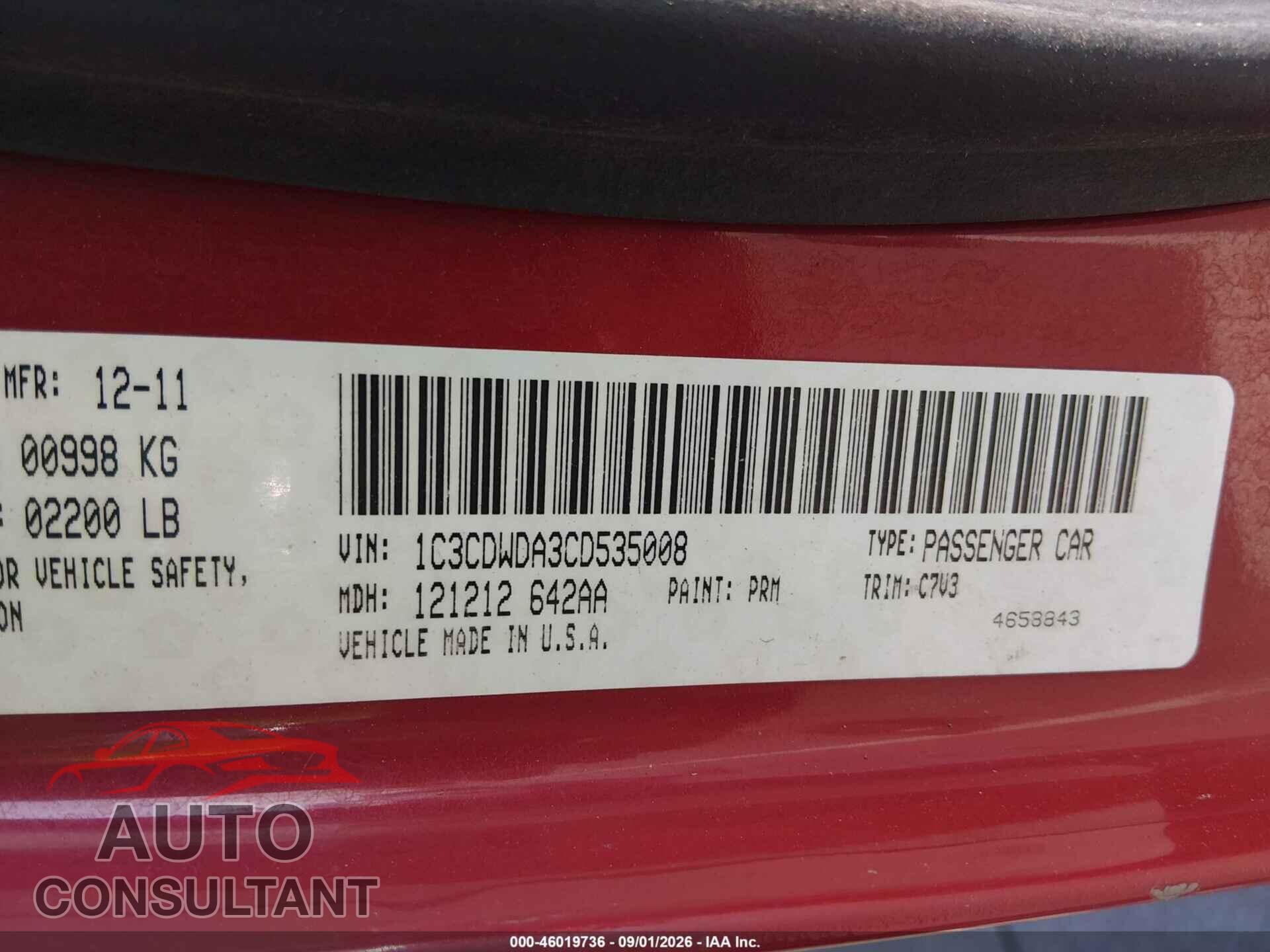 DODGE CALIBER 2012 - 1C3CDWDA3CD535008