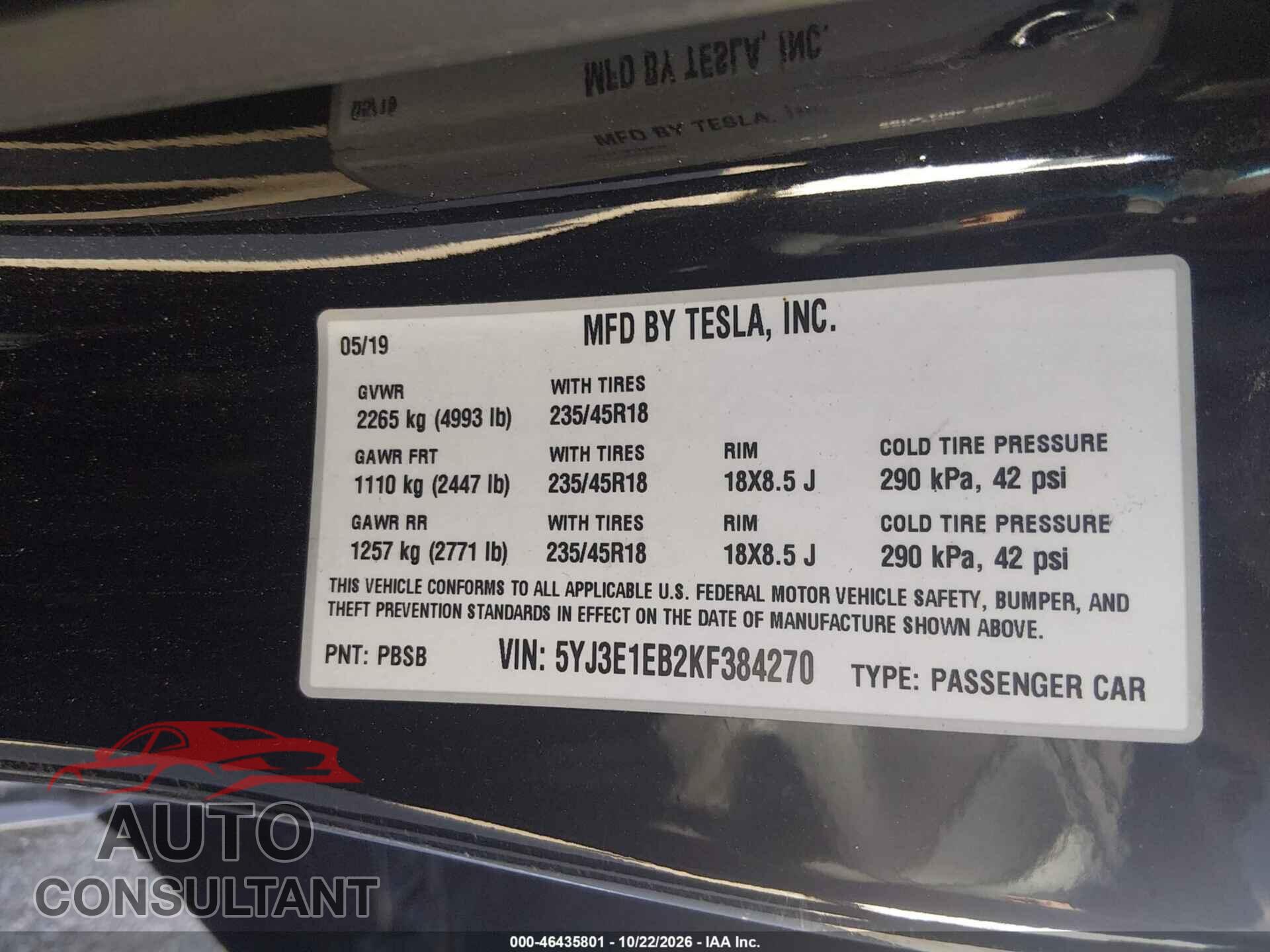 TESLA MODEL 3 2019 - 5YJ3E1EB2KF384270
