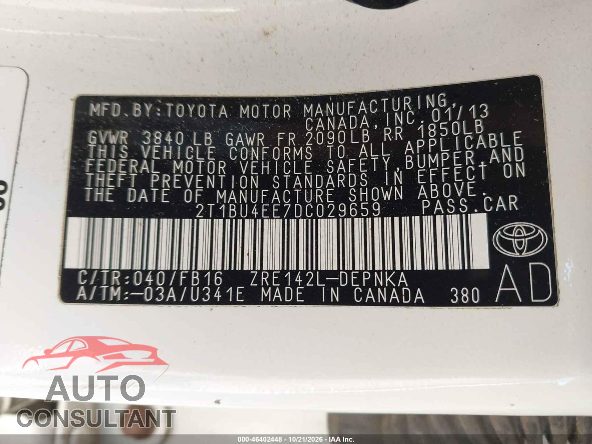 TOYOTA COROLLA 2013 - 2T1BU4EE7DC029659