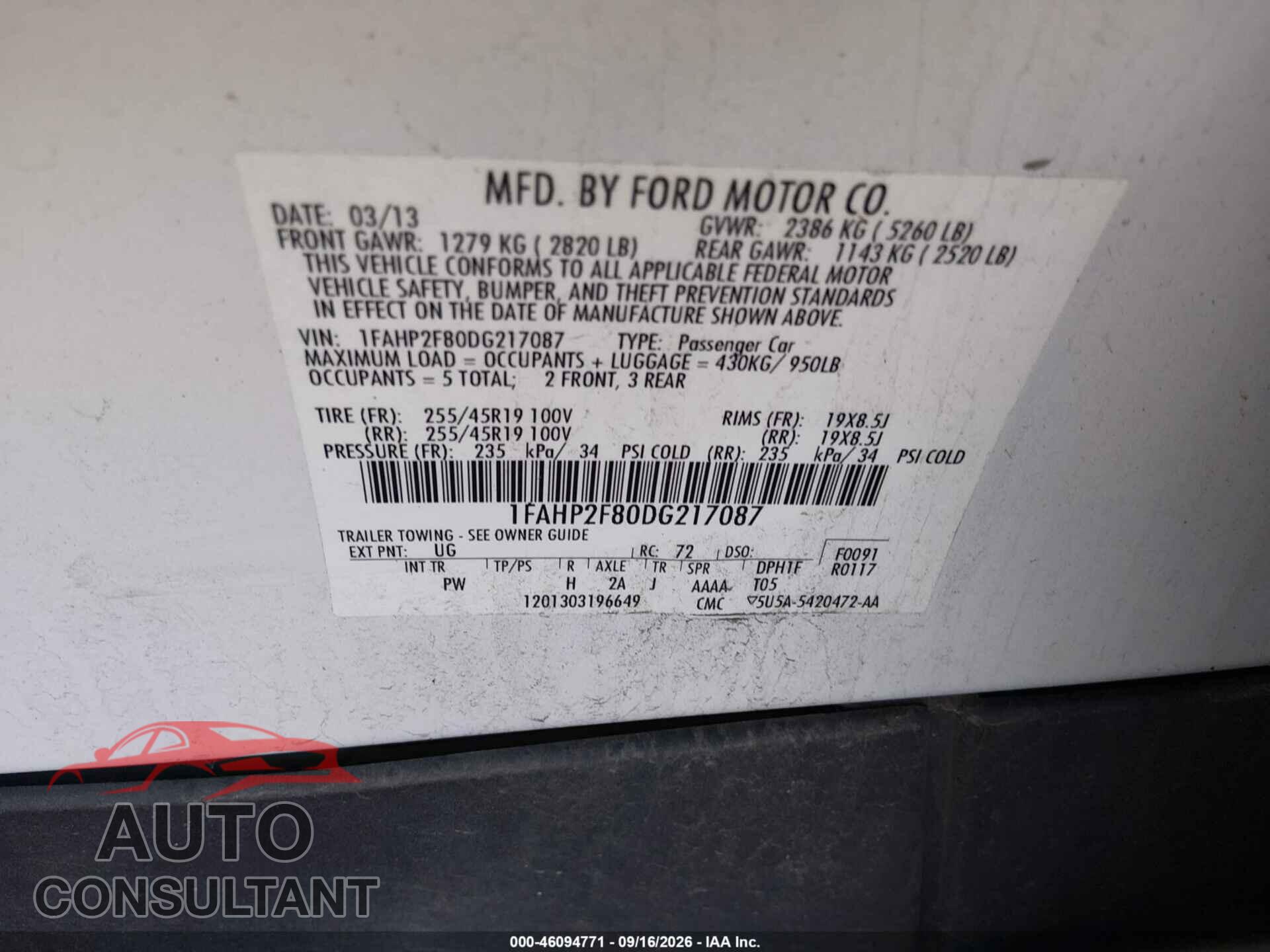 FORD TAURUS 2013 - 1FAHP2F80DG217087