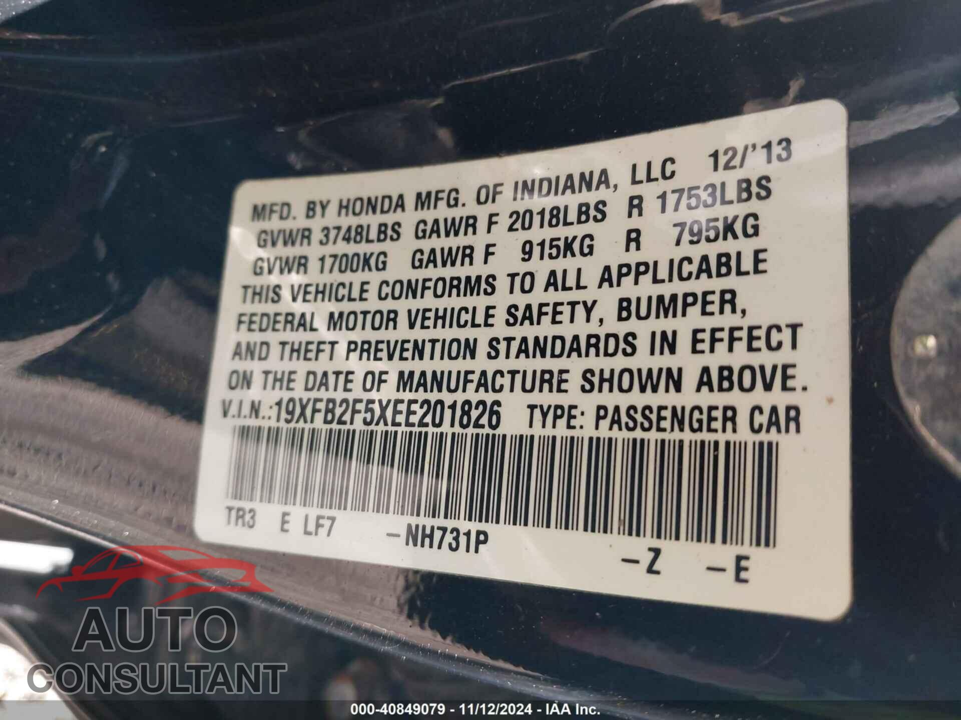 HONDA CIVIC 2014 - 19XFB2F5XEE201826