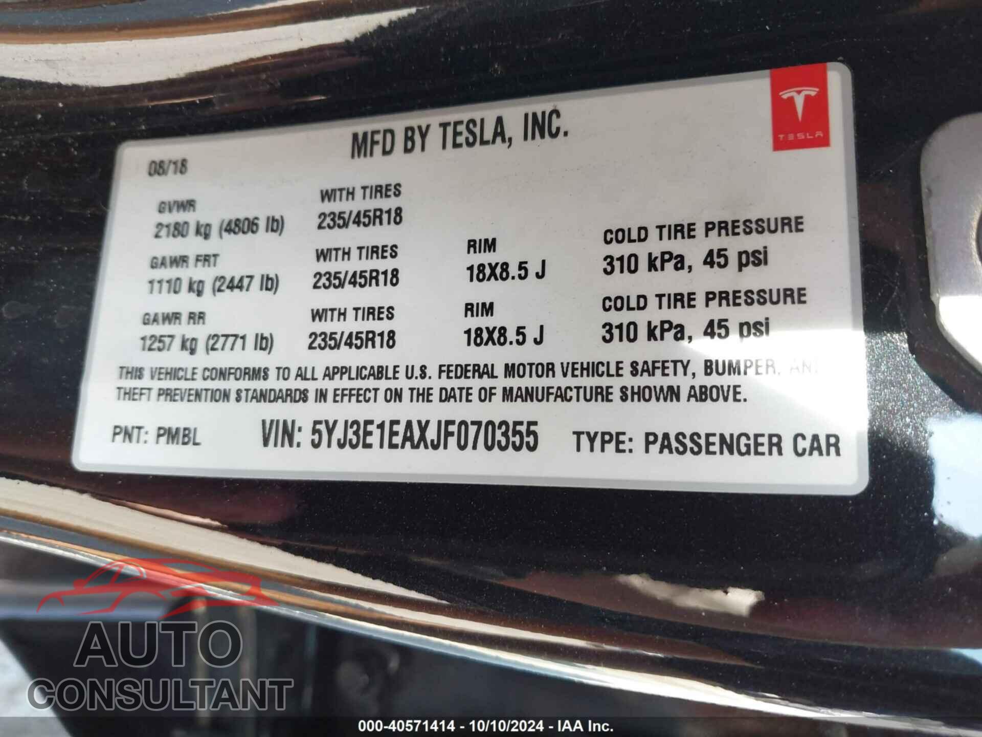 TESLA MODEL 3 2018 - 5YJ3E1EAXJF070355