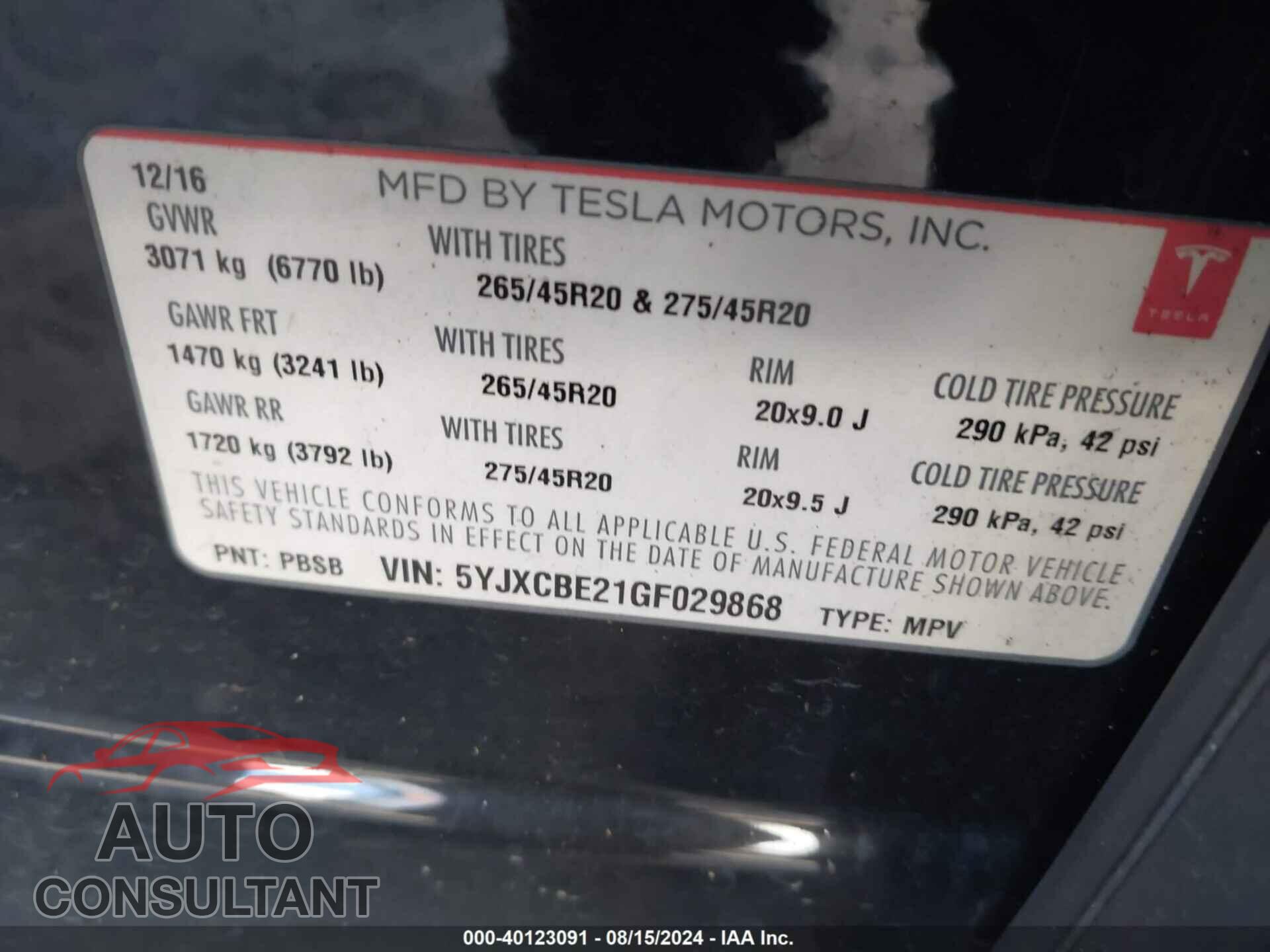TESLA MODEL X 2016 - 5YJXCBE21GF029868