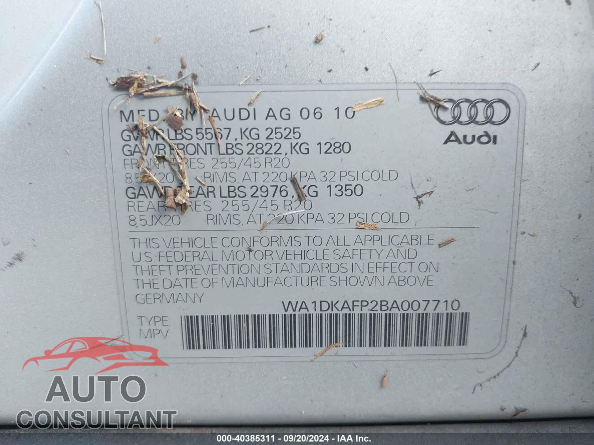 AUDI Q5 2011 - WA1DKAFP2BA007710