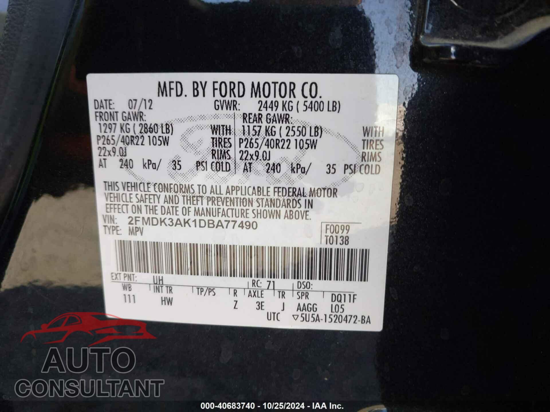 FORD EDGE 2013 - 2FMDK3AK1DBA77490