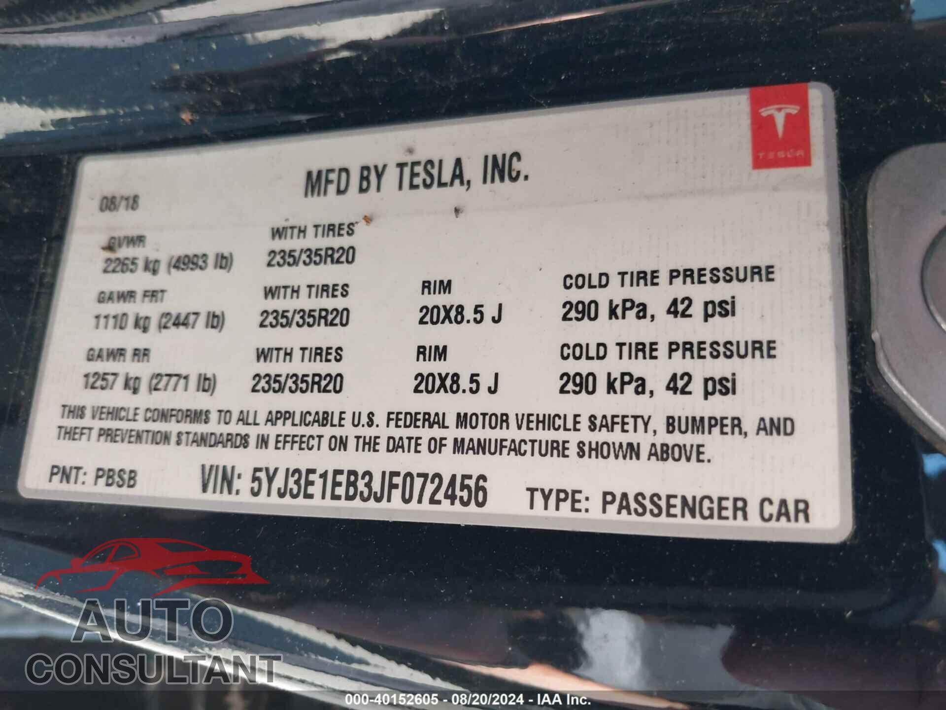 TESLA MODEL 3 2018 - 5YJ3E1EB3JF072456