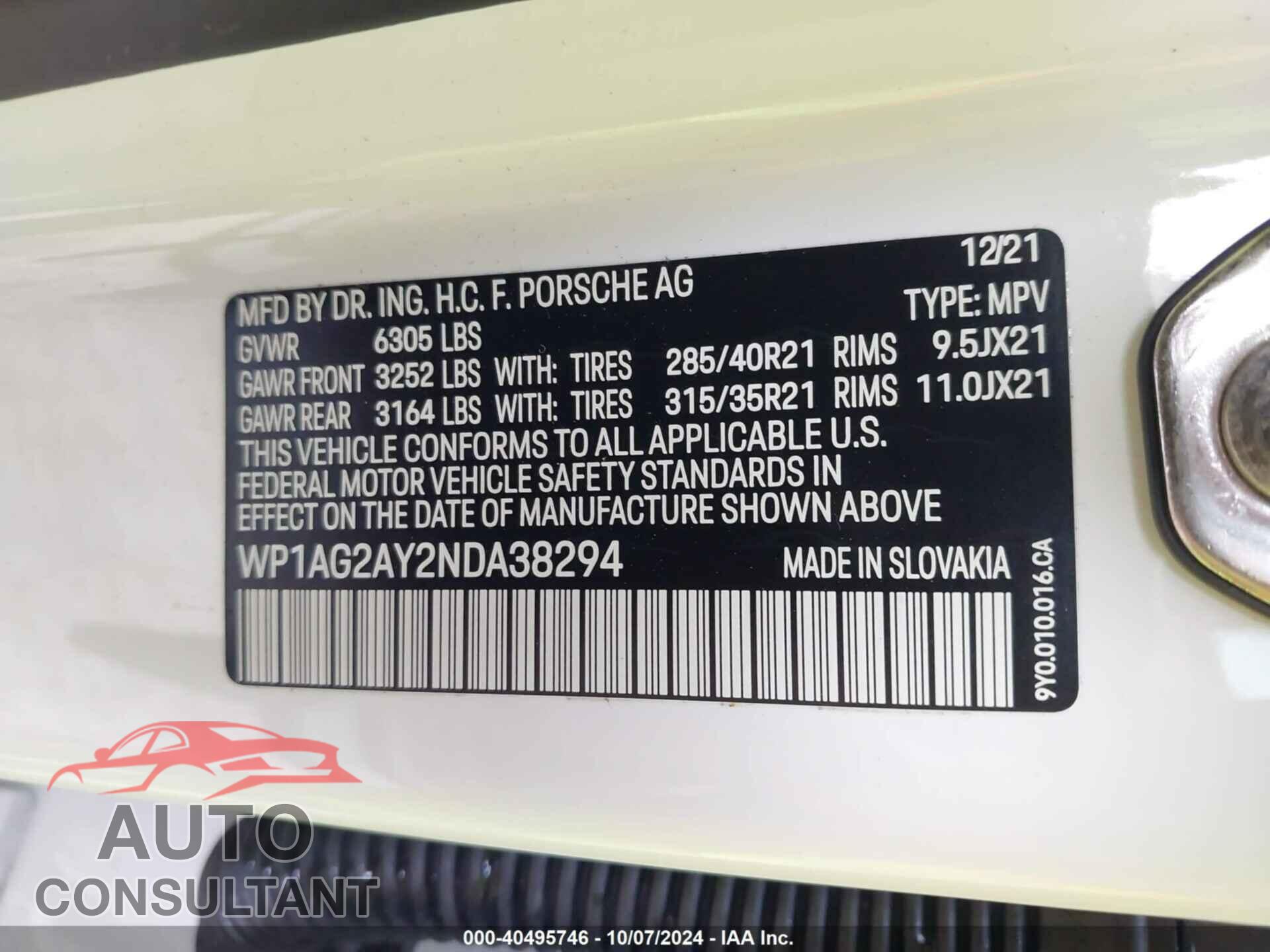 PORSCHE CAYENNE 2022 - WP1AG2AY2NDA38294