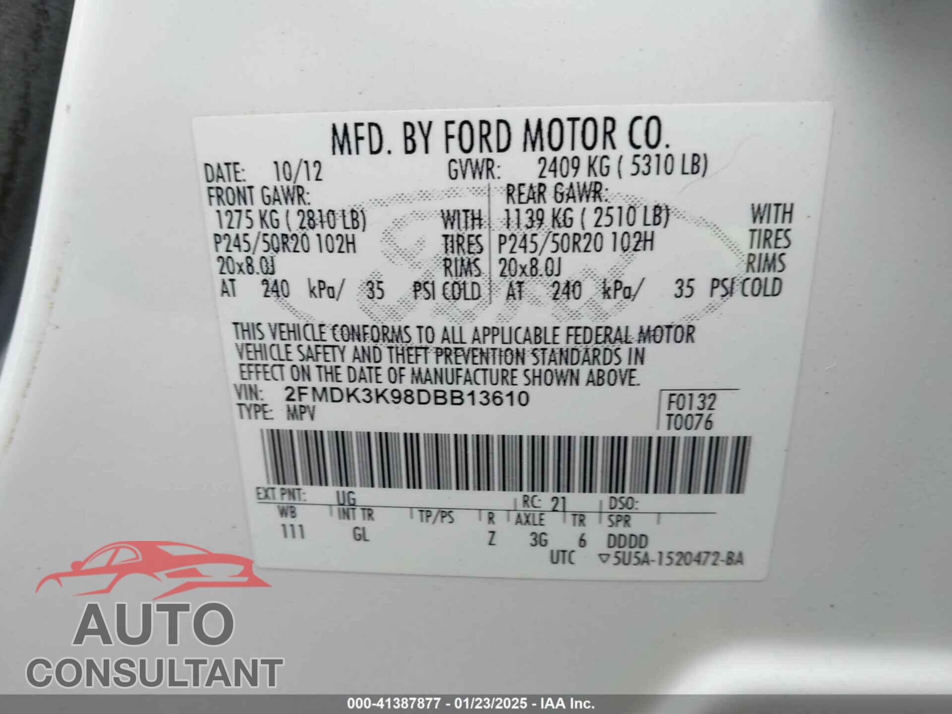 FORD EDGE 2013 - 2FMDK3K98DBB13610
