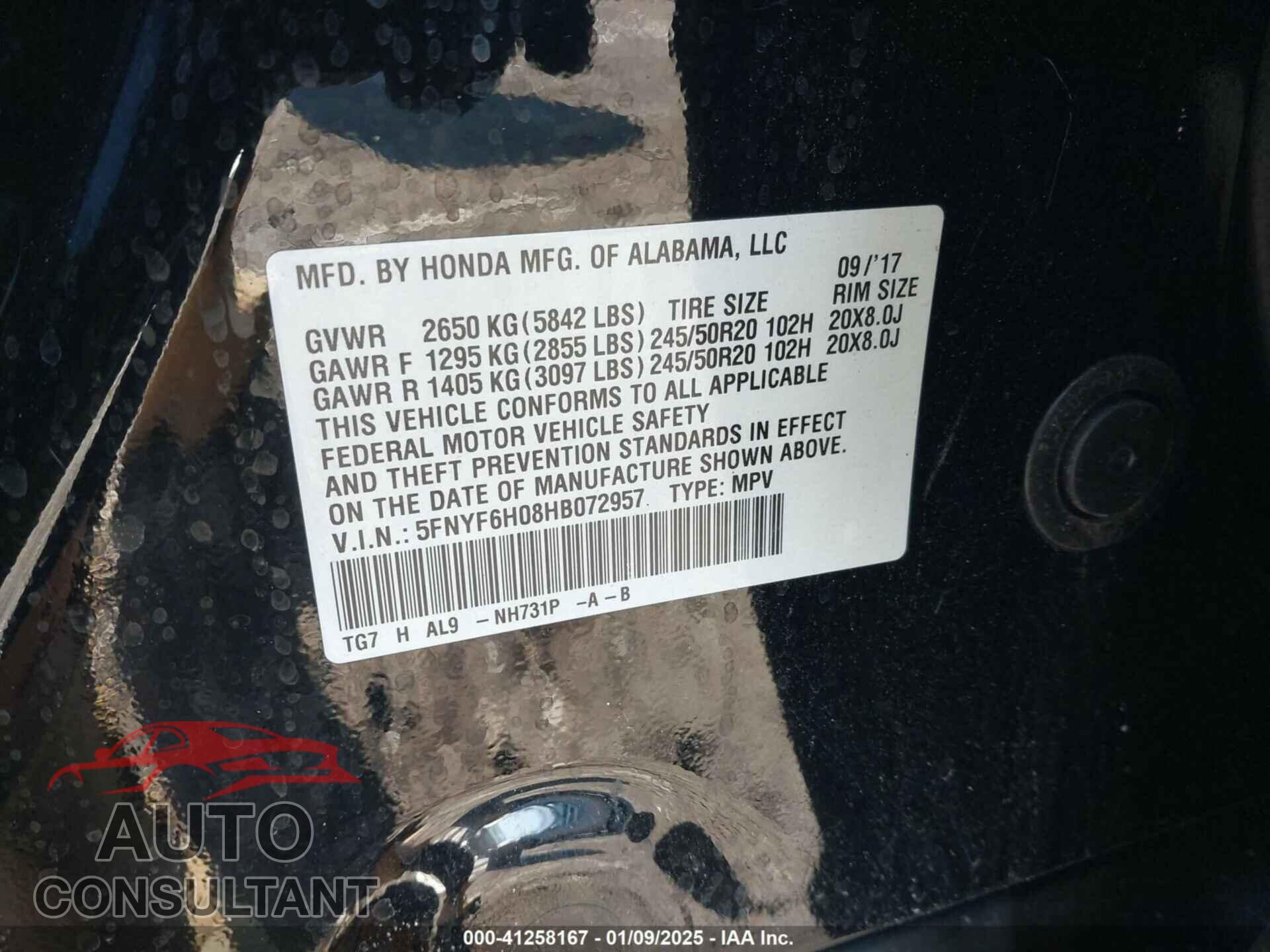 HONDA PILOT 2017 - 5FNYF6H08HB072957