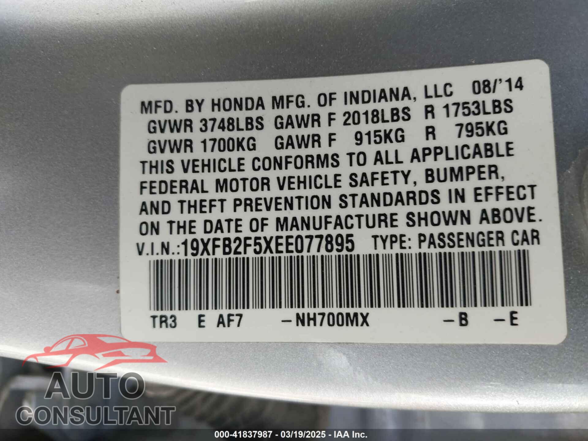 HONDA CIVIC 2014 - 19XFB2F5XEE077895