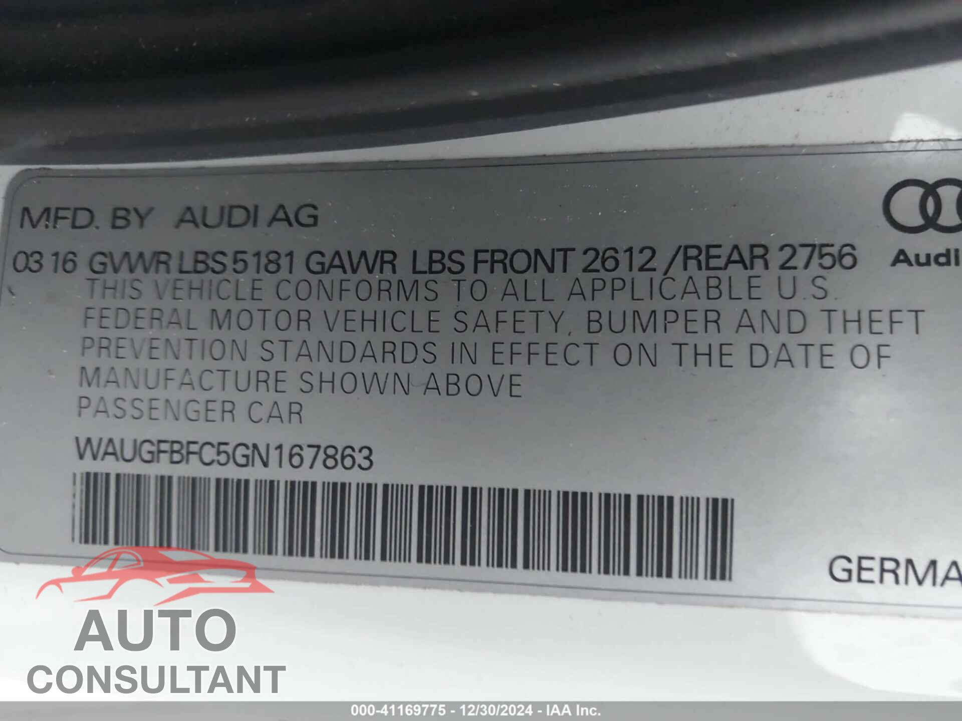 AUDI A6 2016 - WAUGFBFC5GN167863