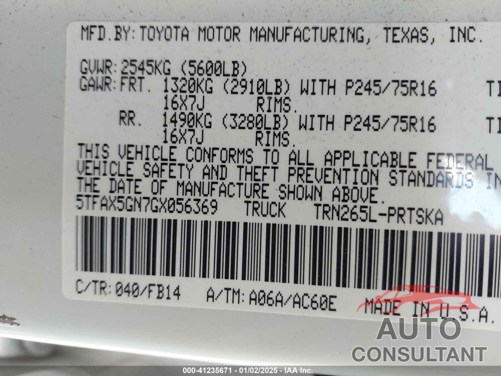 TOYOTA TACOMA 2016 - 5TFAX5GN7GX056369