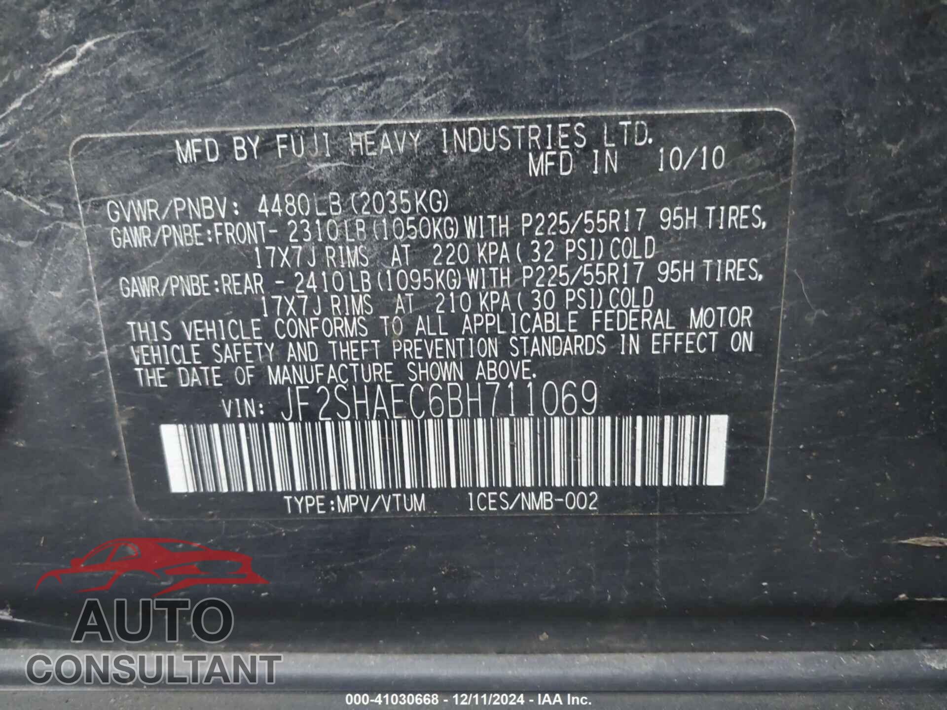 SUBARU FORESTER 2011 - JF2SHAEC6BH711069