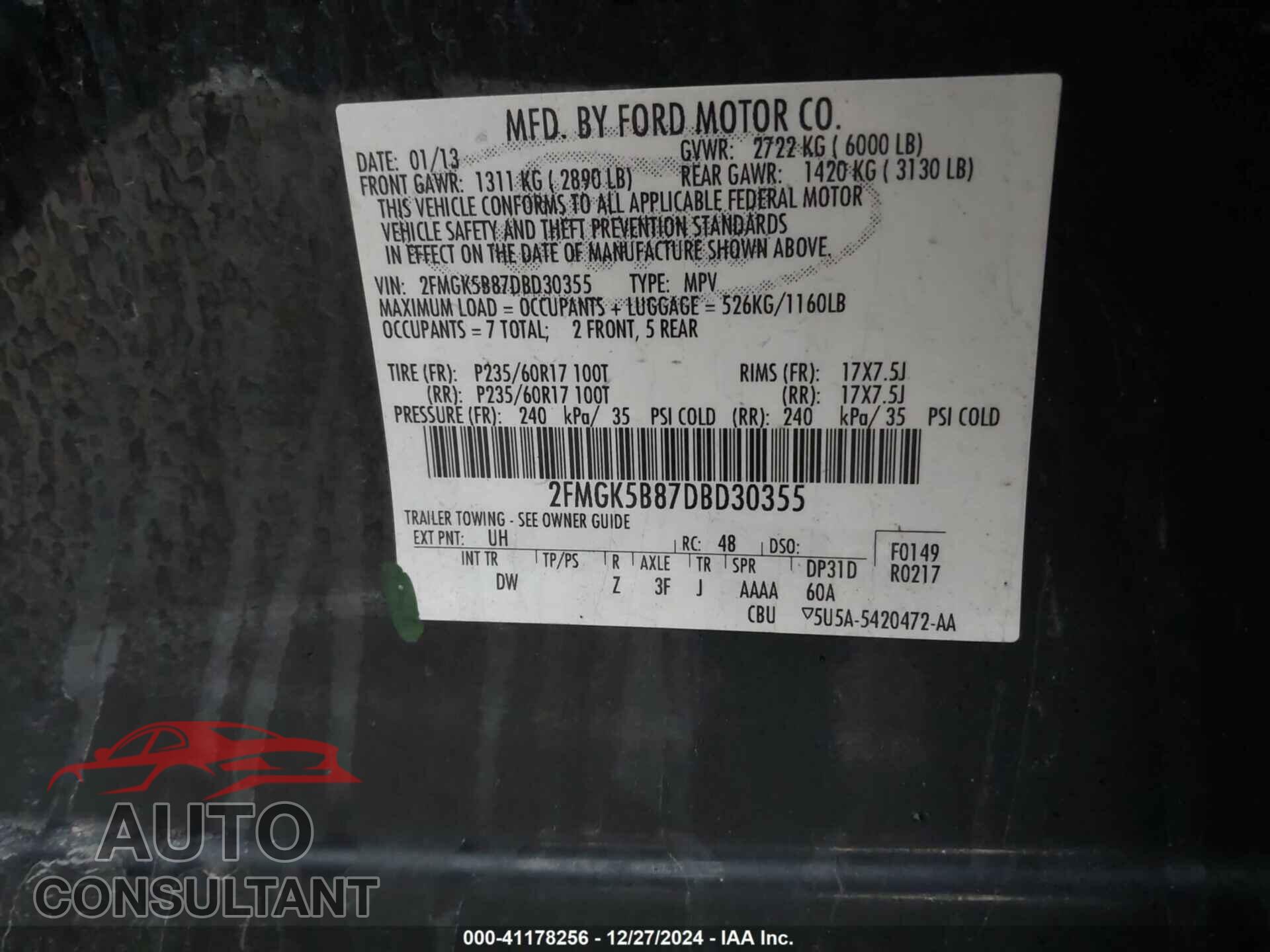 FORD FLEX 2013 - 2FMGK5B87DBD30355
