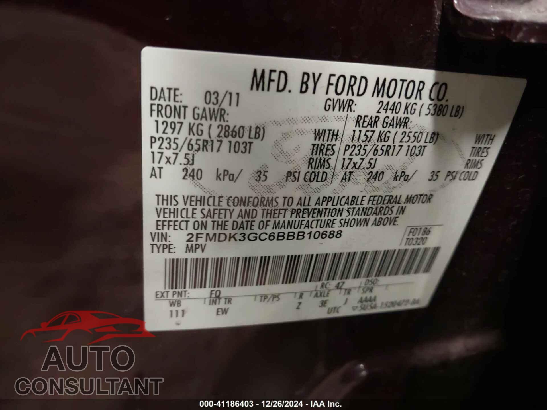 FORD EDGE 2011 - 2FMDK3GC6BBB10688