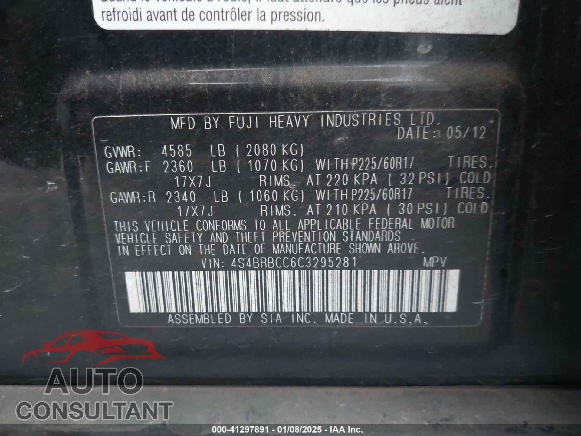 SUBARU OUTBACK 2012 - 4S4BRBCC6C3295281