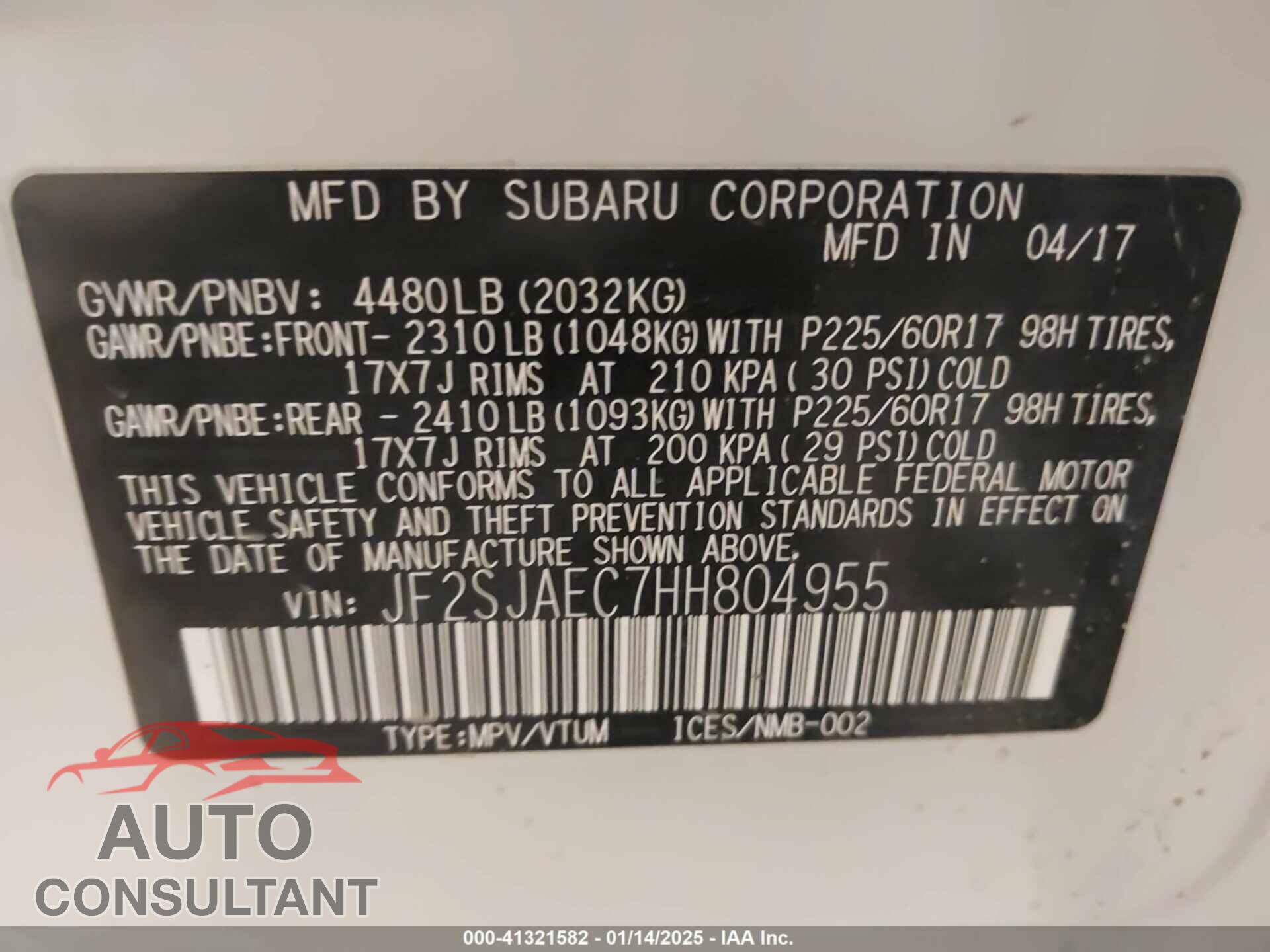 SUBARU FORESTER 2017 - JF2SJAEC7HH804955