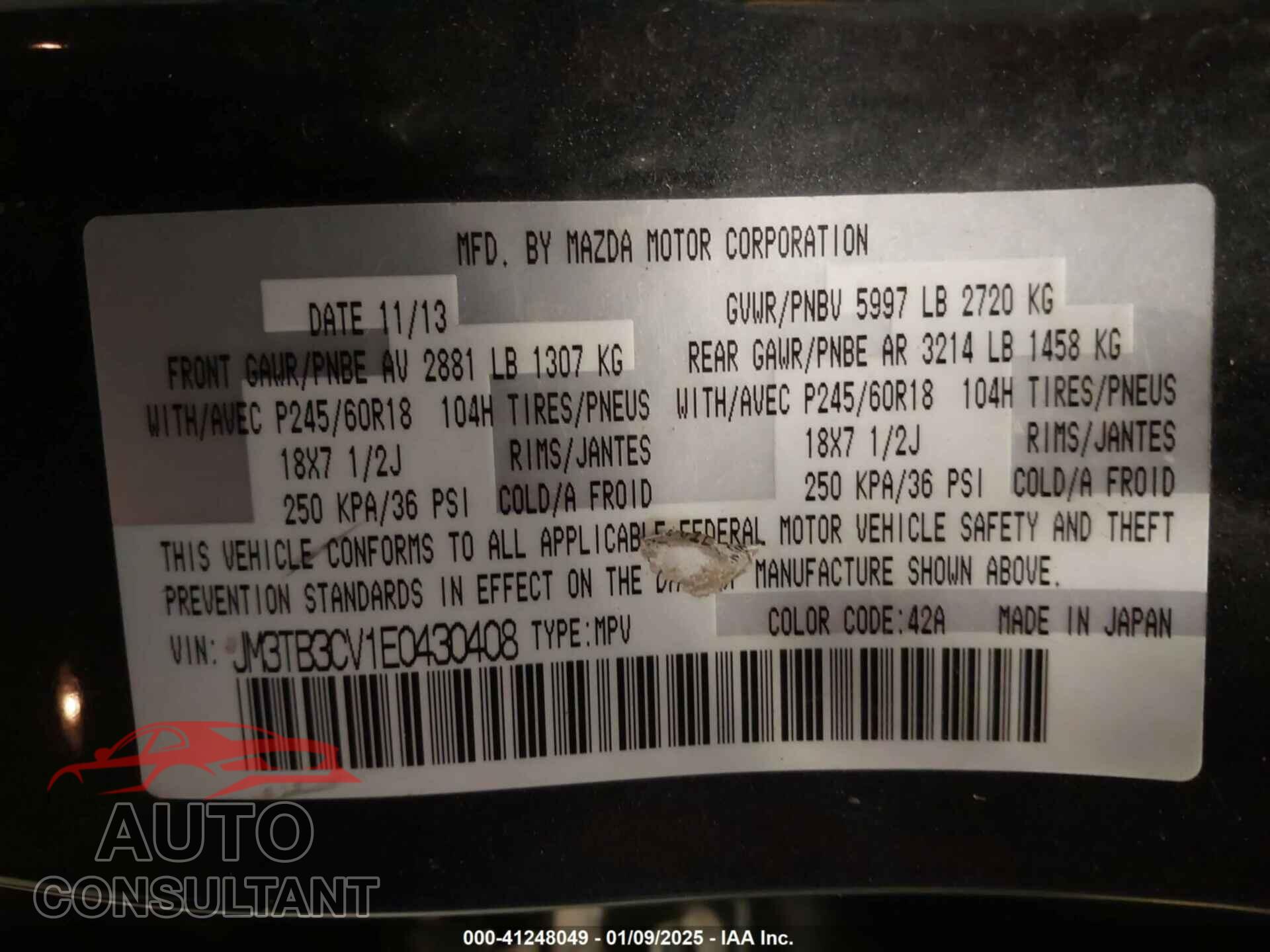 MAZDA CX-9 2014 - JM3TB3CV1E0430408