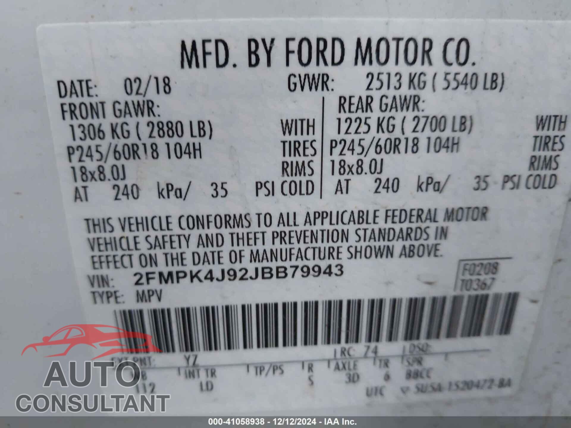 FORD EDGE 2018 - 2FMPK4J92JBB79943