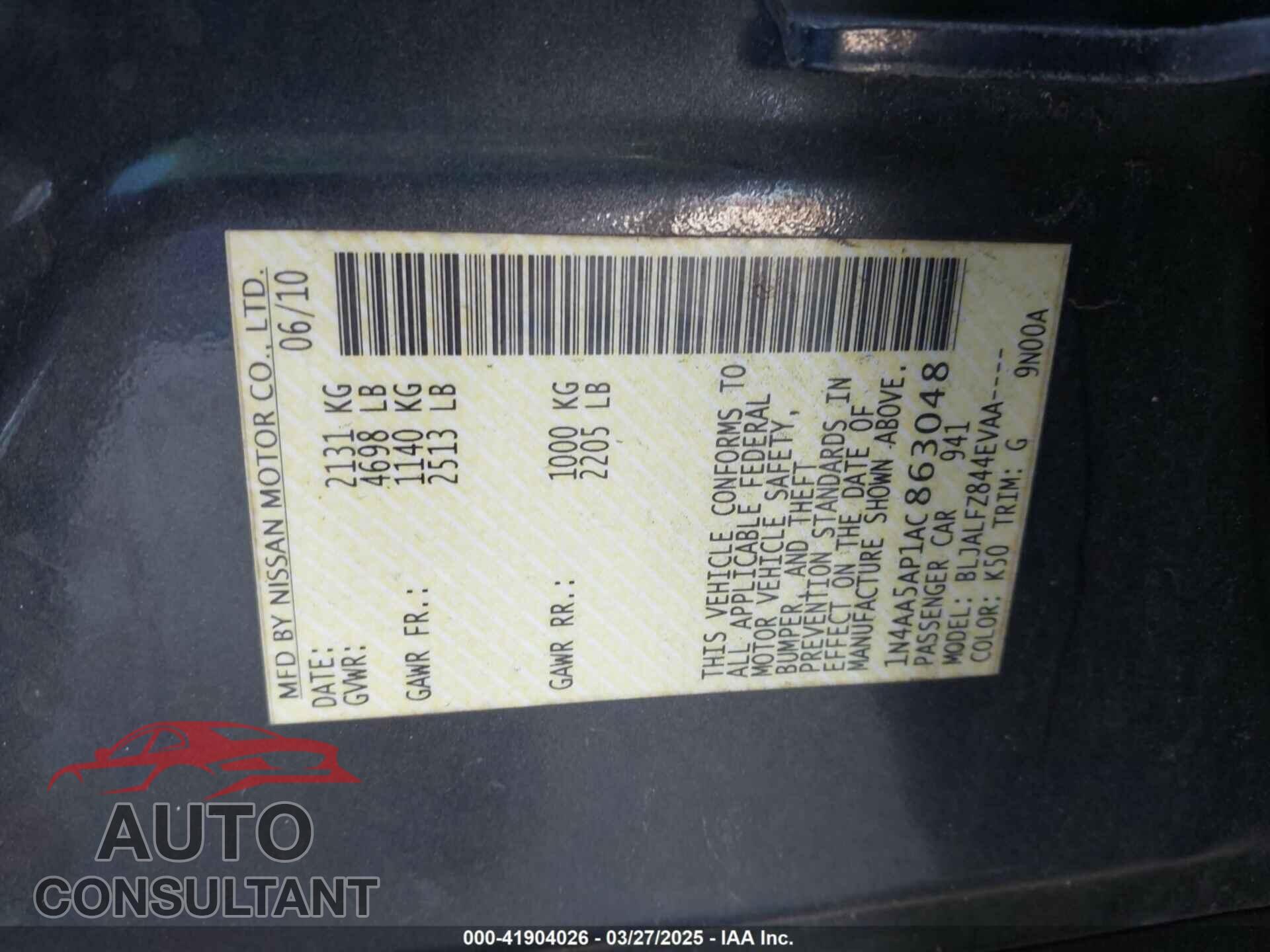 NISSAN MAXIMA 2010 - 1N4AA5AP1AC863048